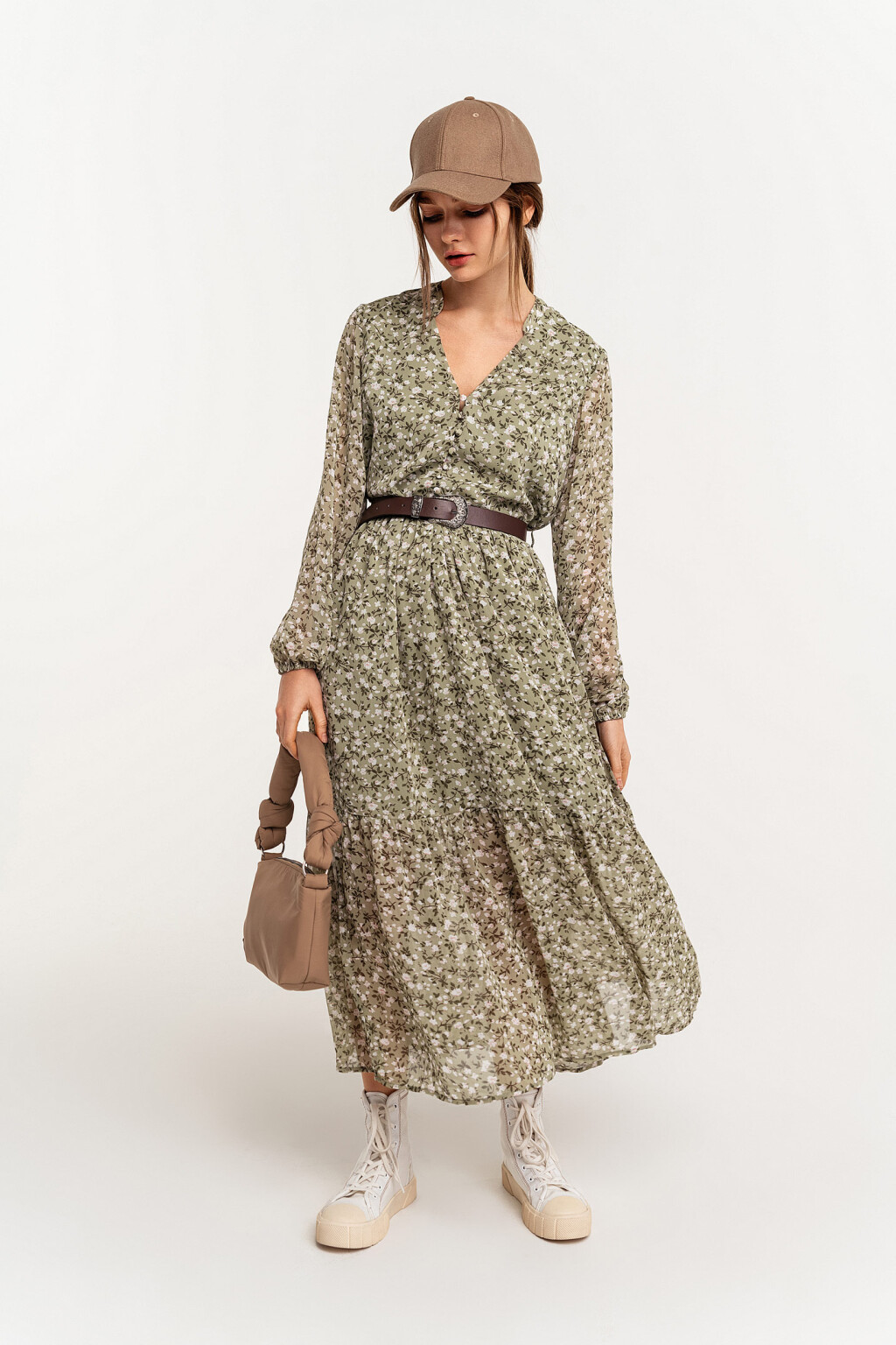 Платье макси шифоновое на пуговицах с цветочным принтом - цвет зеленый - 1