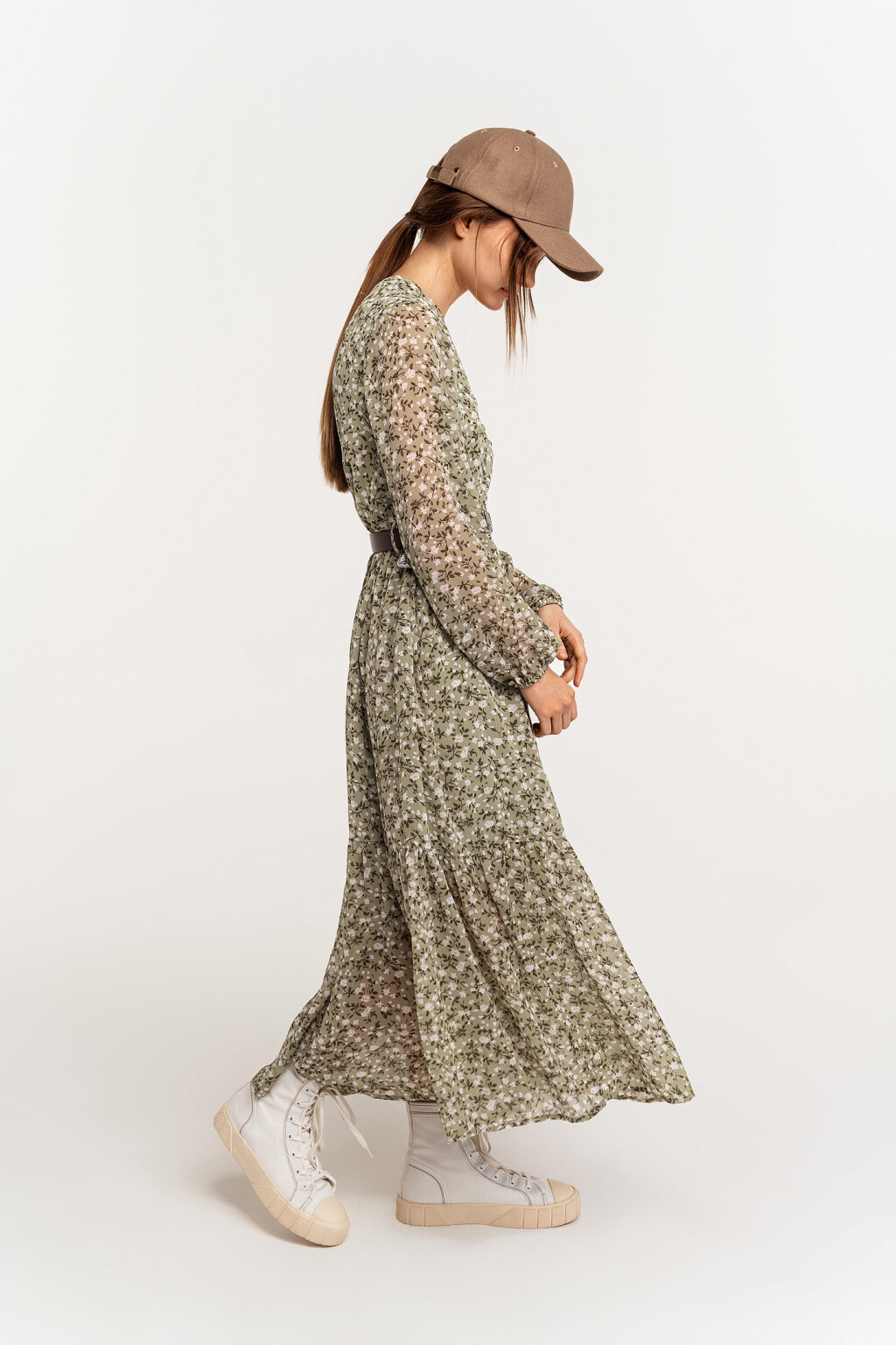 Платье макси шифоновое на пуговицах с цветочным принтом - цвет зеленый - 3