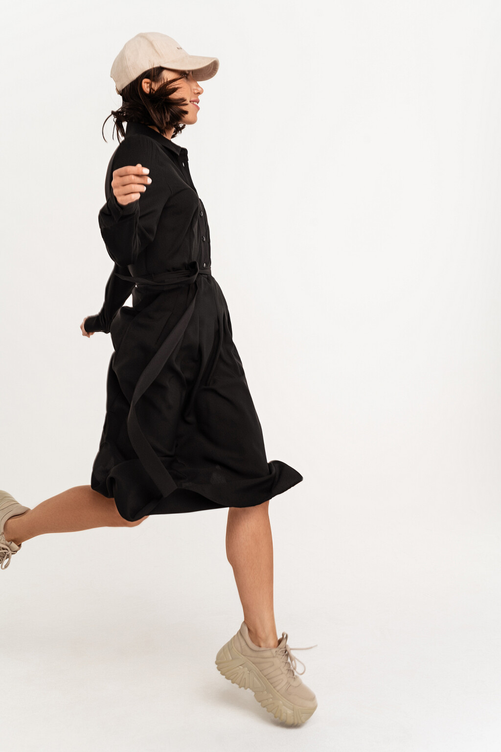 Платье-рубашка макси с поясом - цвет черный - 1