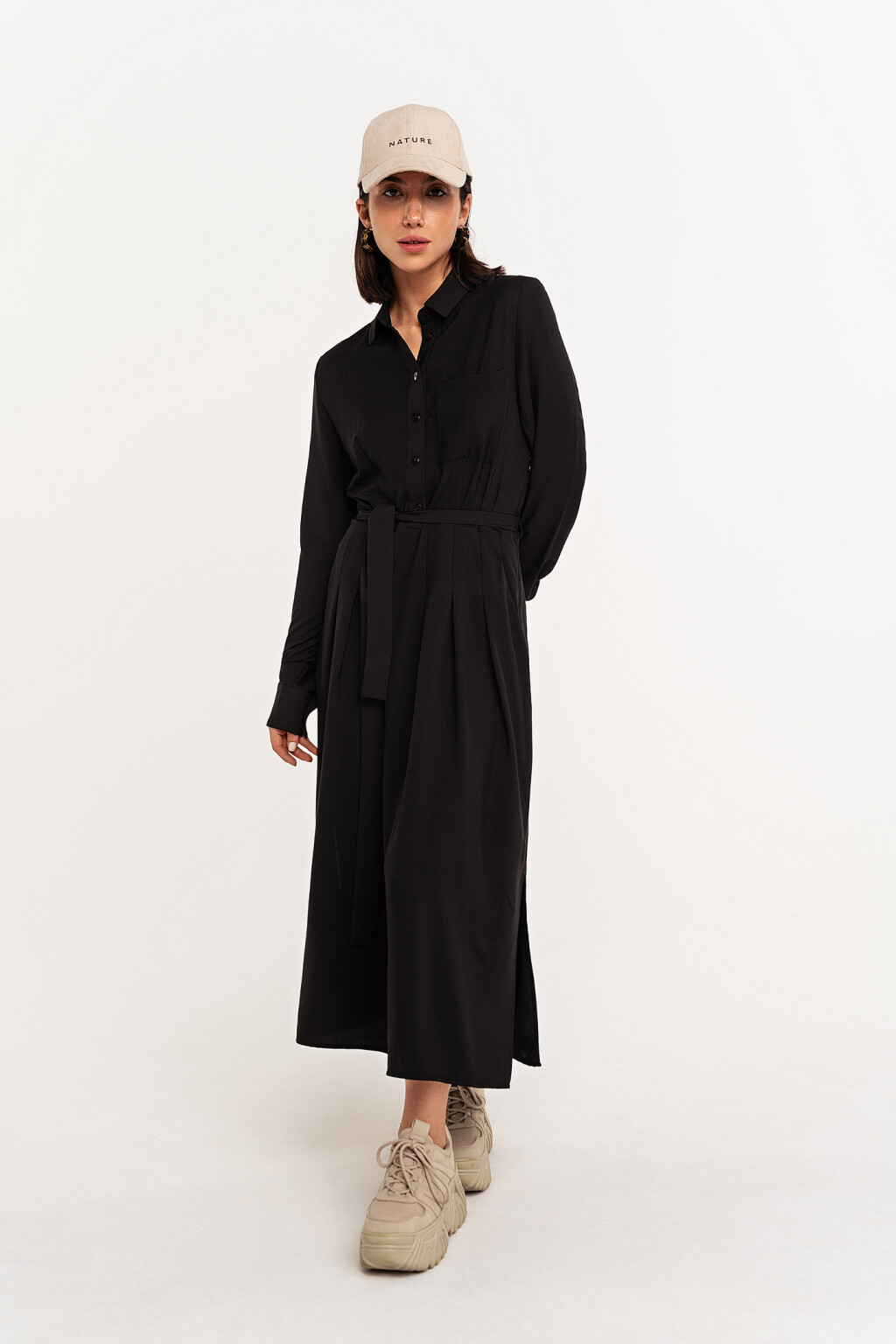 Платье-рубашка макси с поясом - цвет черный - 2