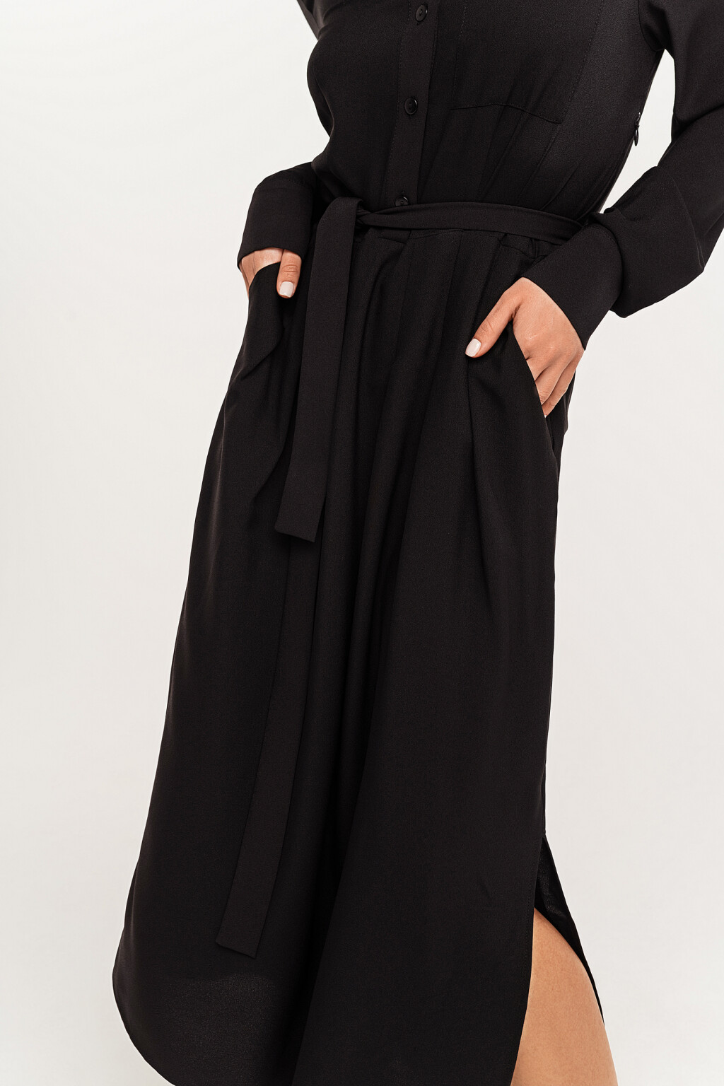 Платье-рубашка макси с поясом - цвет черный - 3