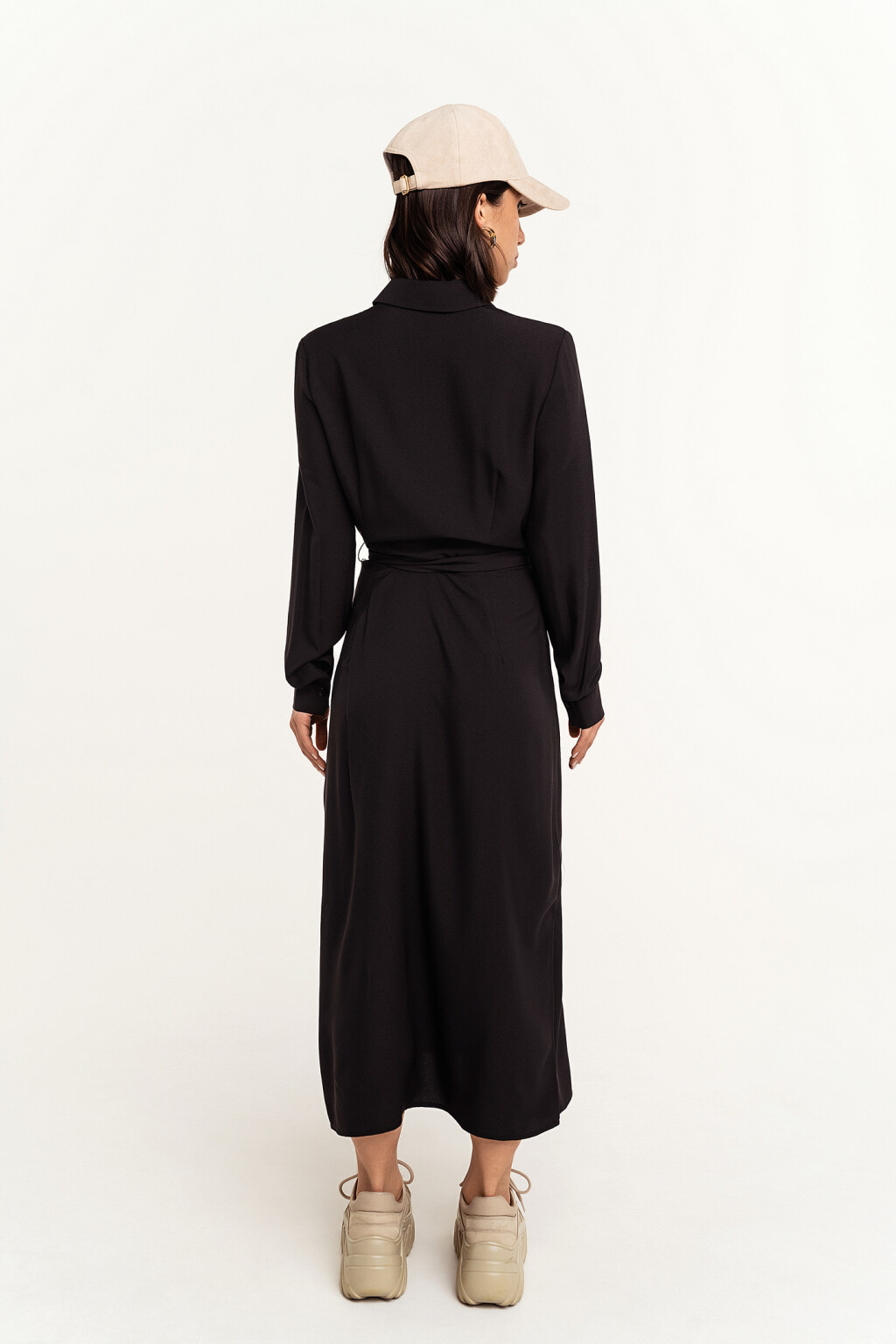 Платье-рубашка макси с поясом - цвет черный - 5