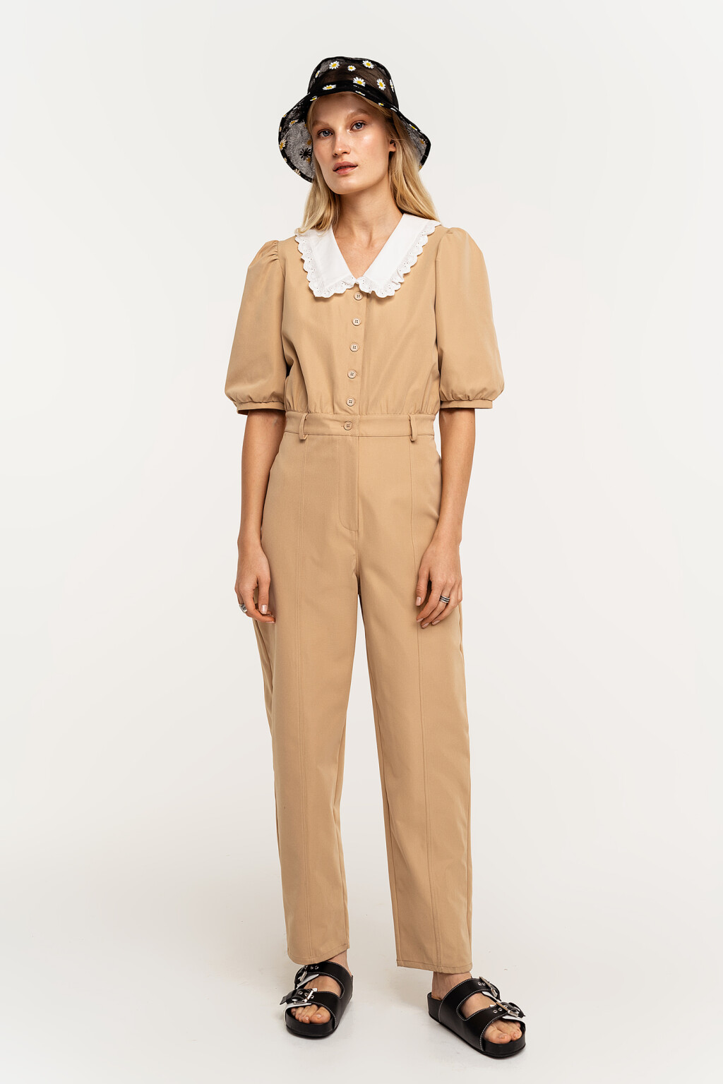 Комбинезон длинный с кружевным воротником и рукавами-фонариками - цвет бежевый - 3