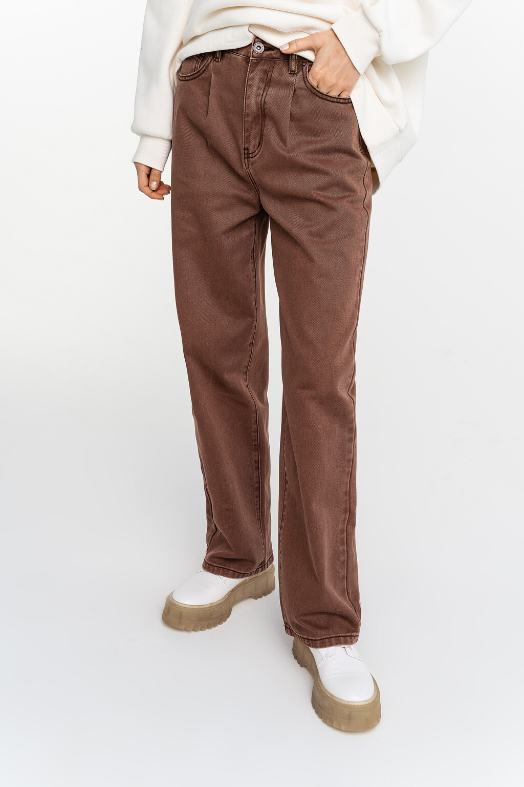 Джинсы-трубы цветные с высокой посадкой - цвет коричневый - 1