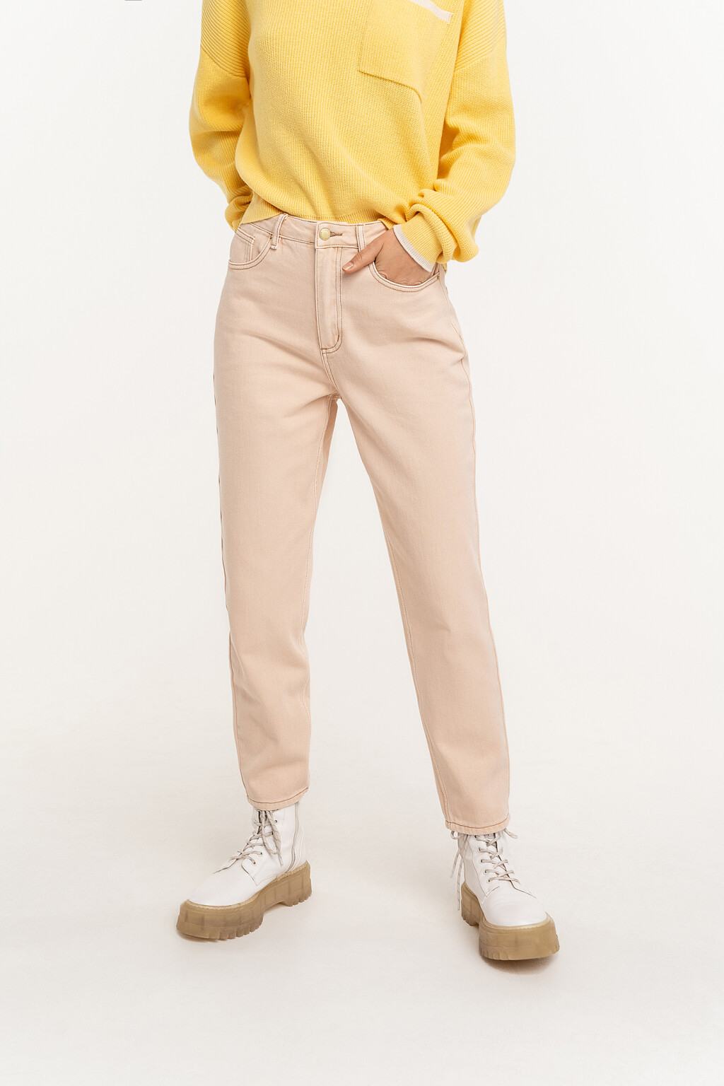Джинсы mom хлопковые с высокой посадкой - цвет бежевый - 2