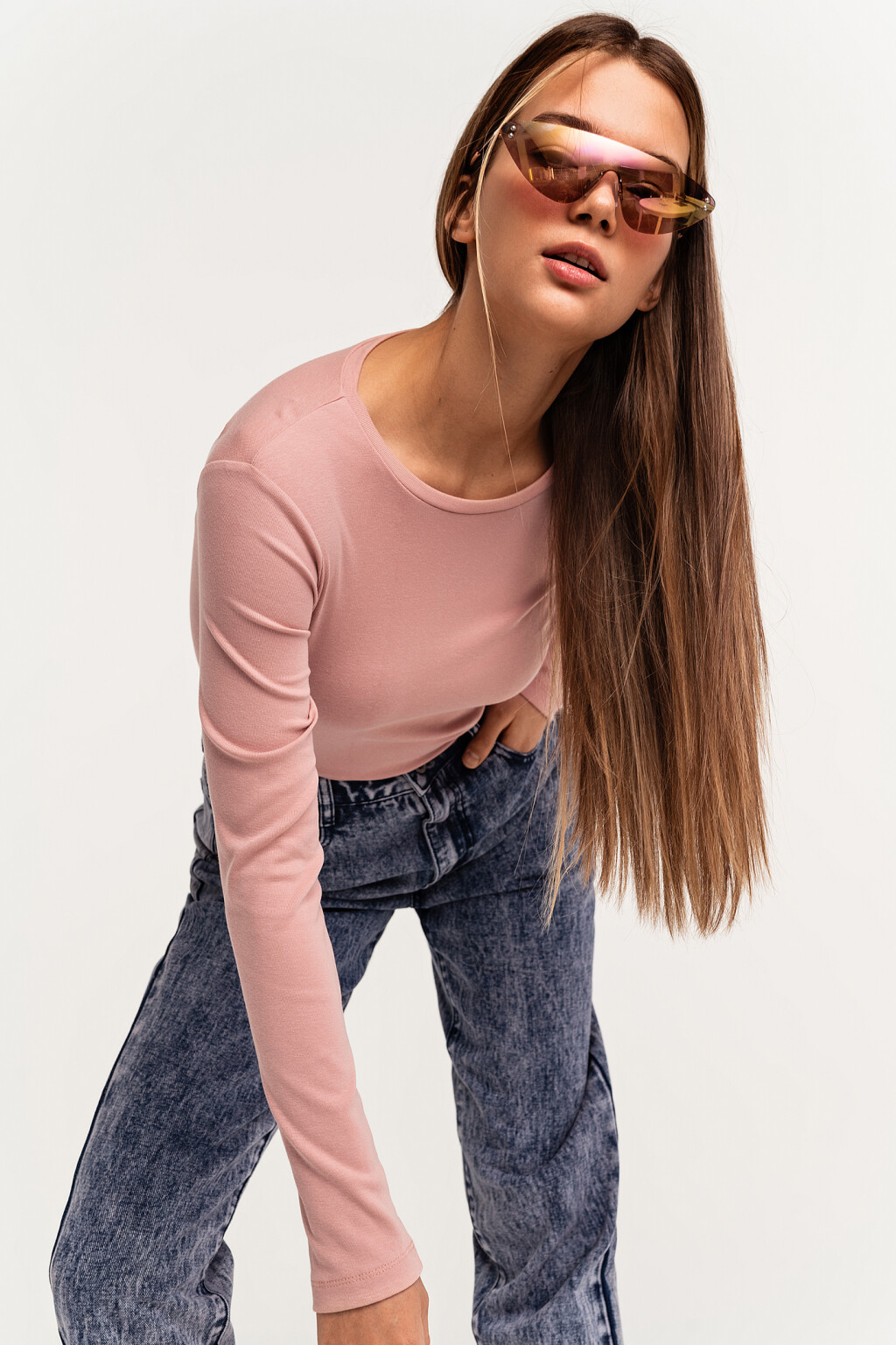 Лонгслив хлопковый с круглым вырезом - цвет розовый - 1
