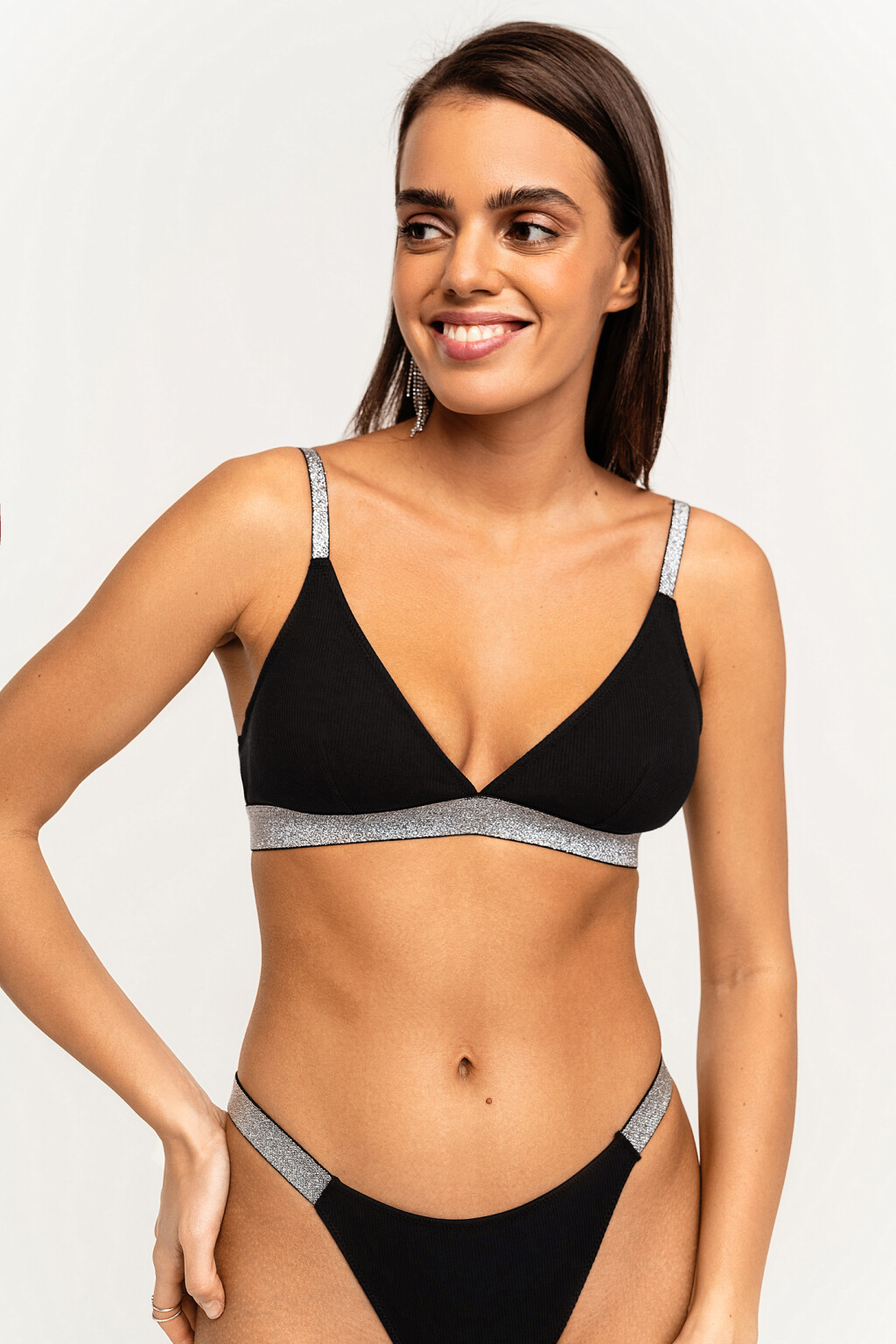 Бюстгальтер хлопковый треугольный с люрексом - цвет черный - 2