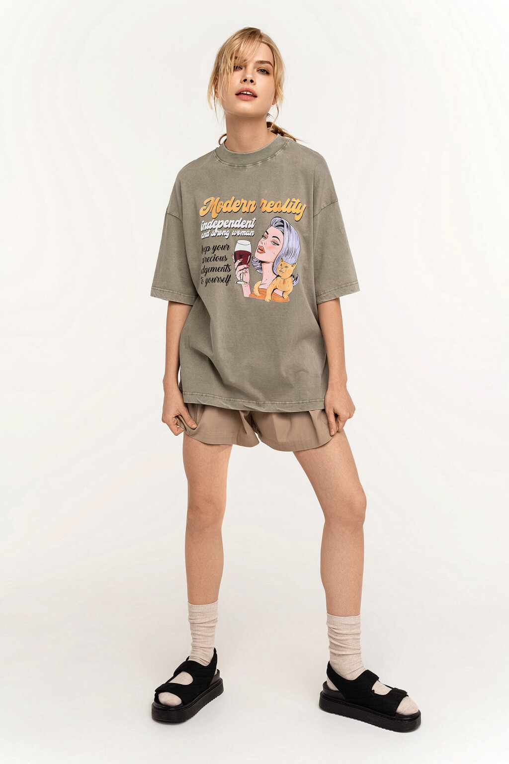 Футболка хлопковая oversize с принтом - цвет зеленый - 1