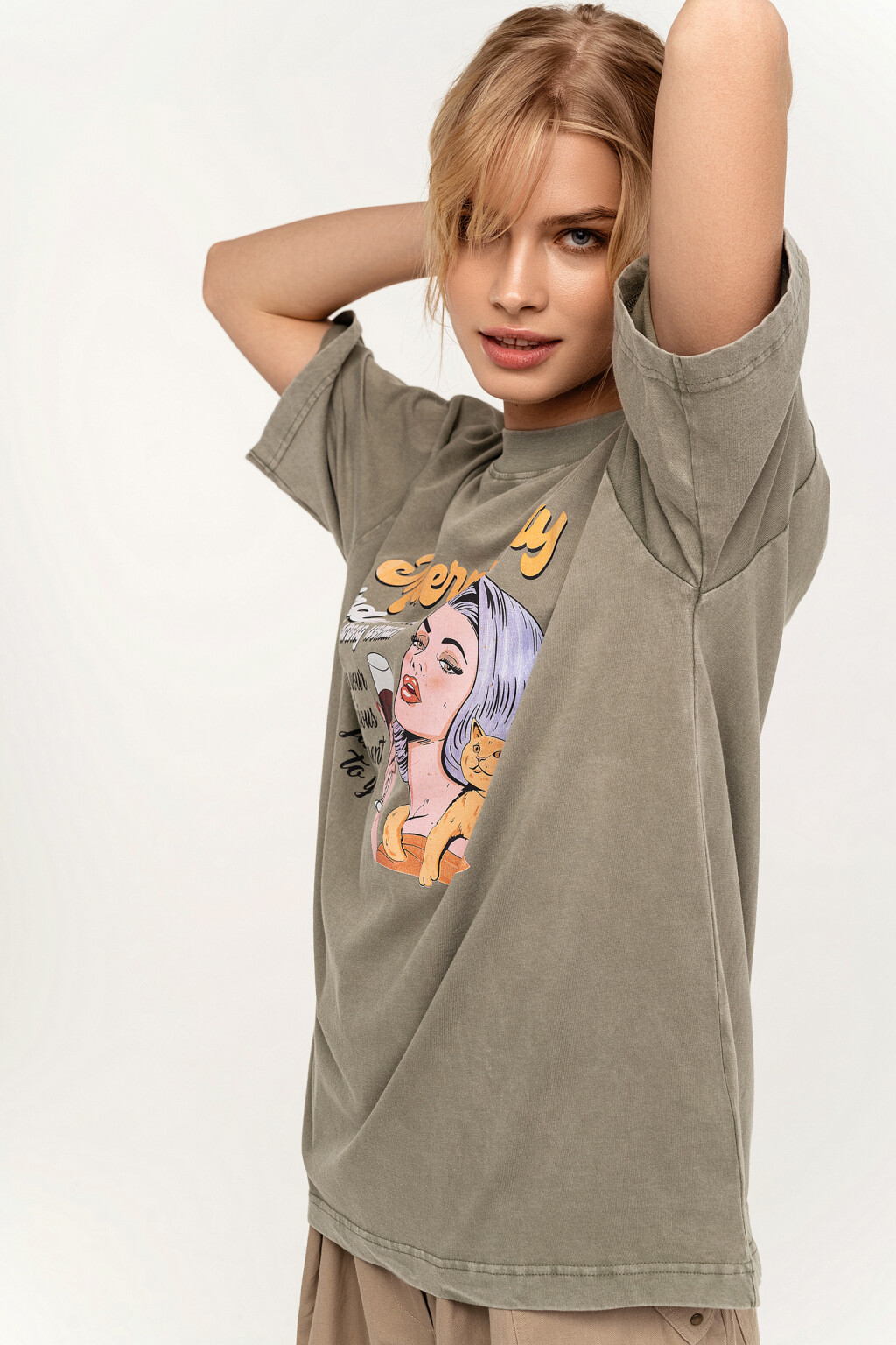 Футболка хлопковая oversize с принтом - цвет зеленый - 3