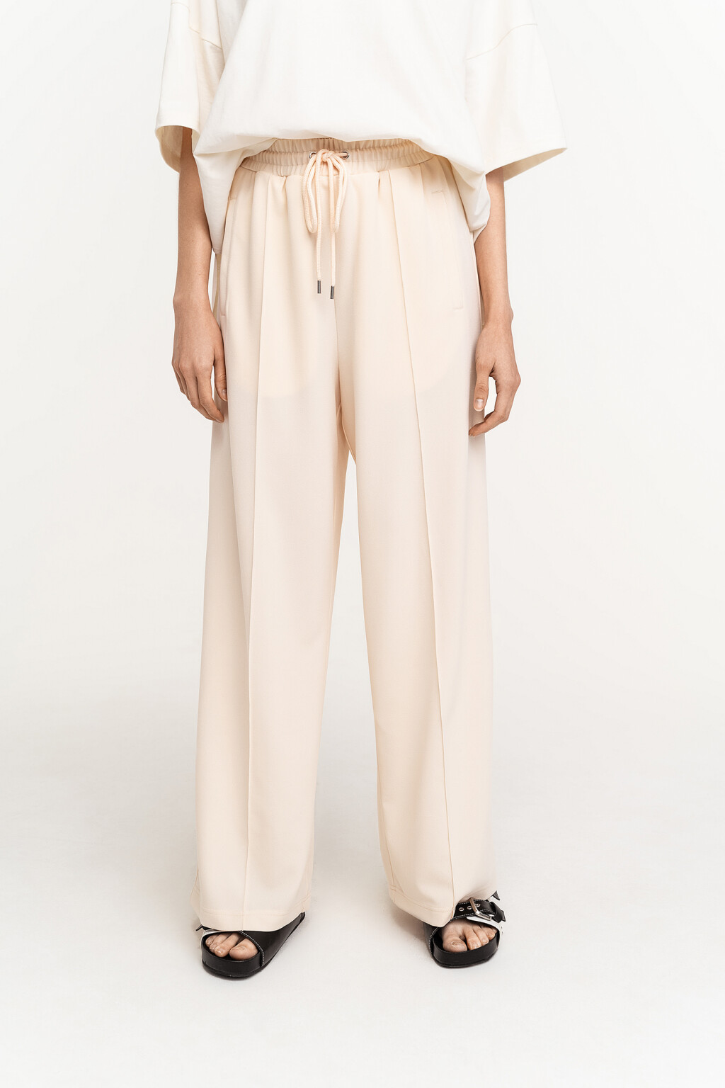 Брюки широкие с эластичным поясом на завязках - цвет бежевый - 3