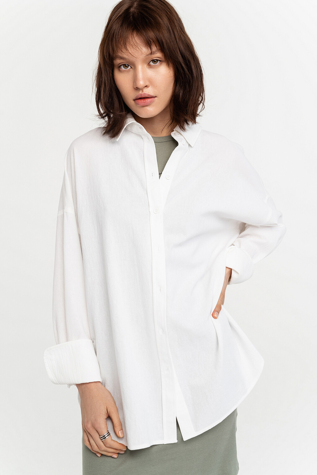 Рубашка хлопковая oversize из текстурной ткани - цвет белый - 1