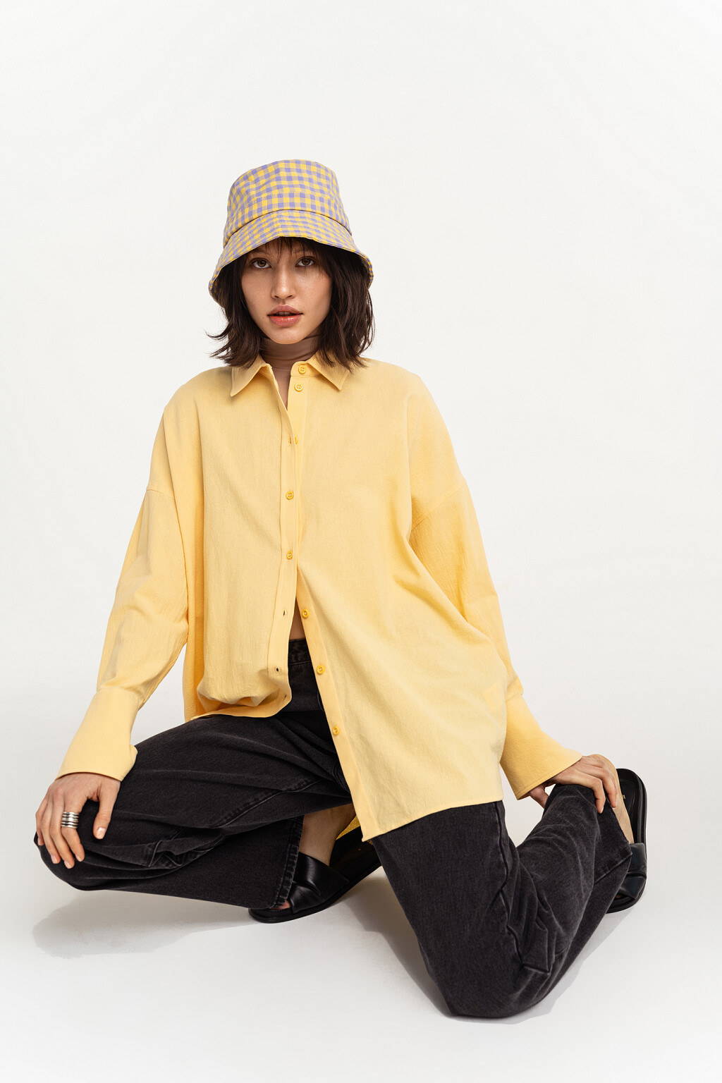 Рубашка хлопковая oversize из текстурной ткани - цвет желтый - 1