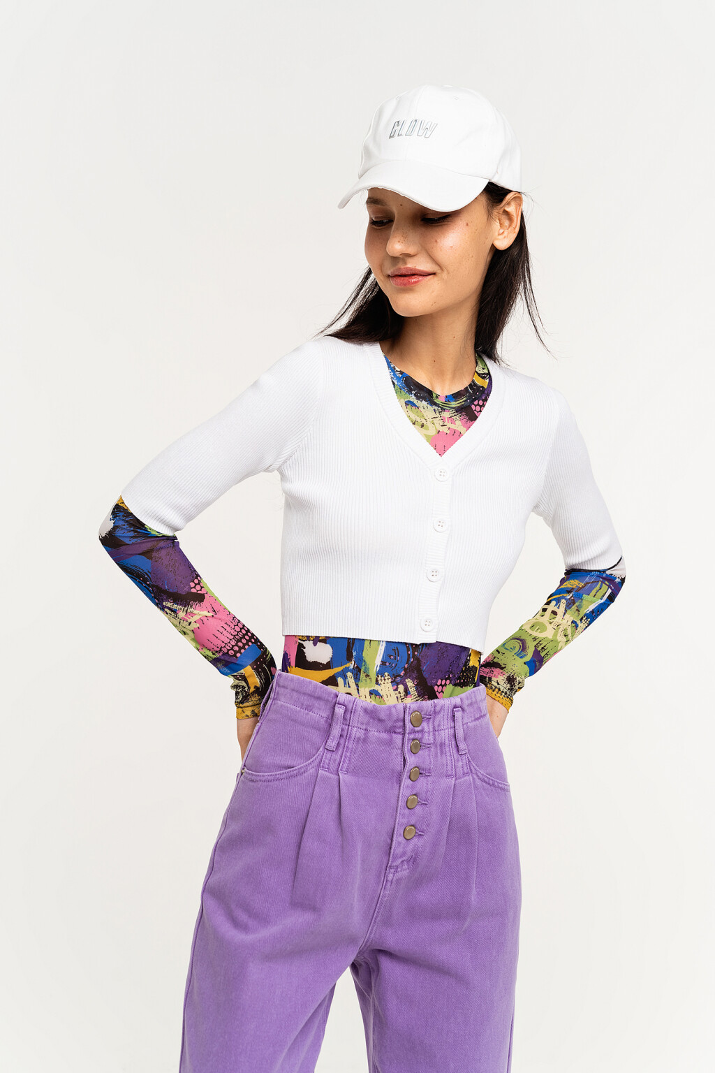 Кардиган укороченный в рубчик - цвет белый - 1