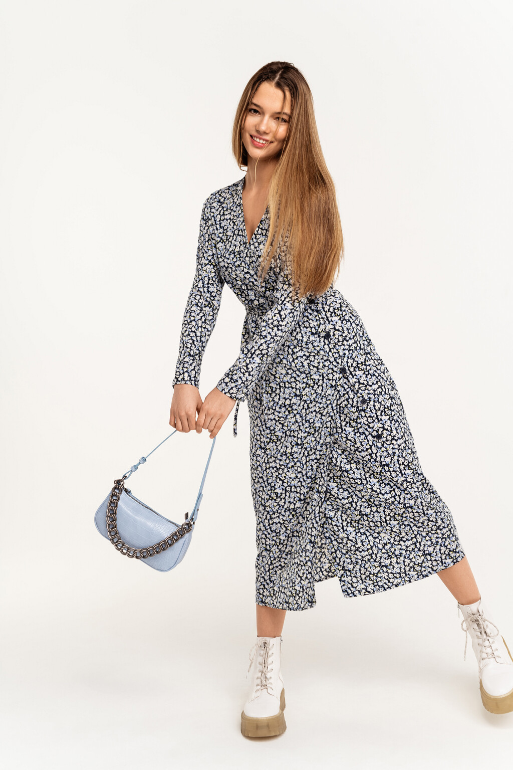 Платье с запахом на пуговицах - цвет синий - 1