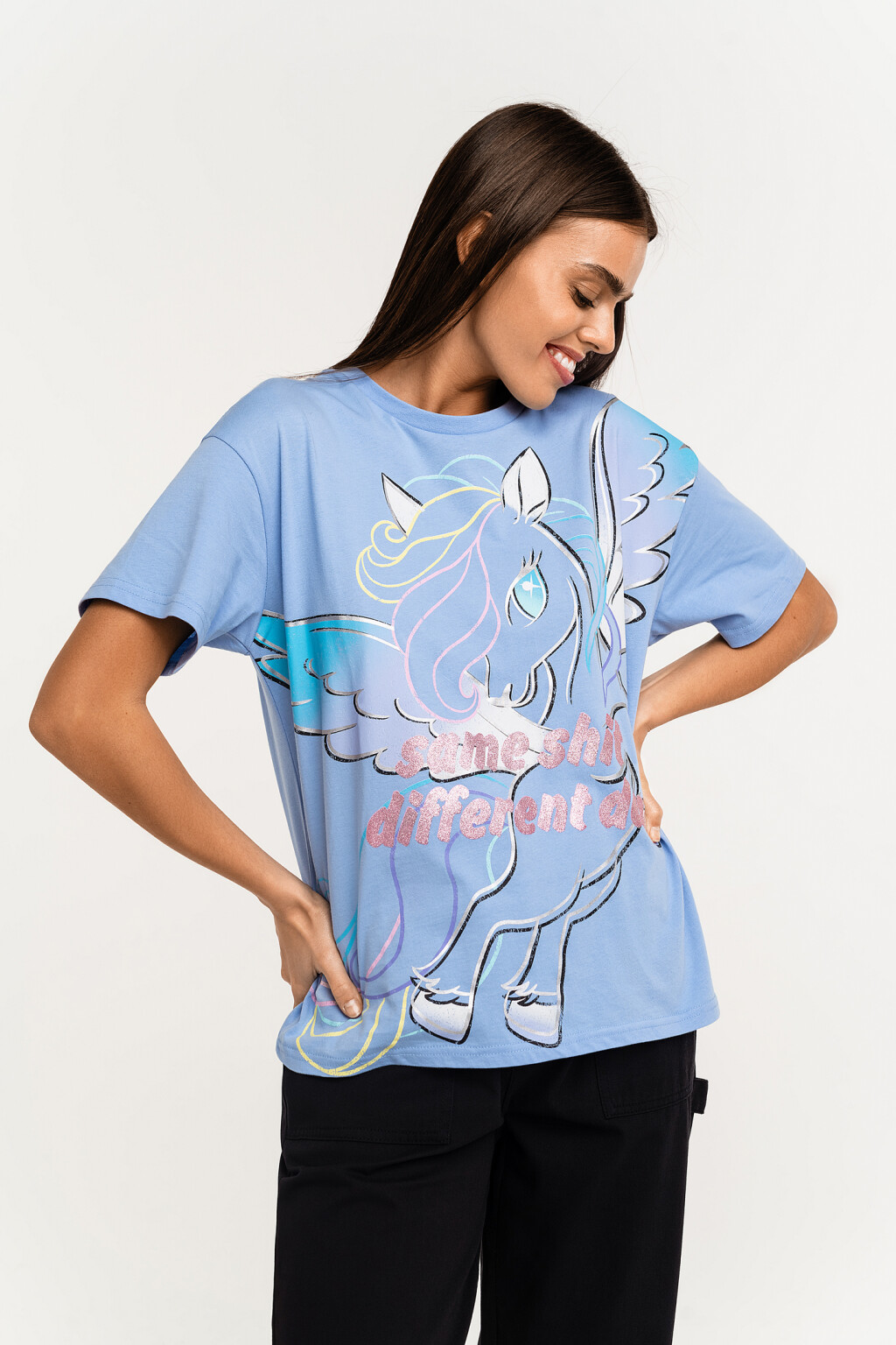 Футболка хлопковая oversize c крылатым пони - цвет голубой - 2