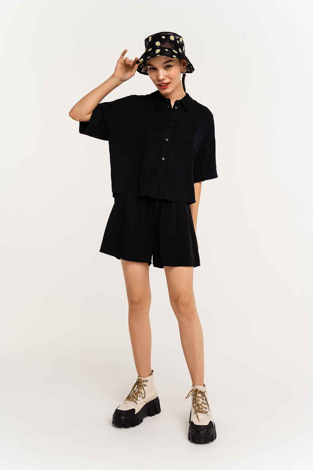 рубашка oversize вискозная с коротким рукавом - цвет черный - 1