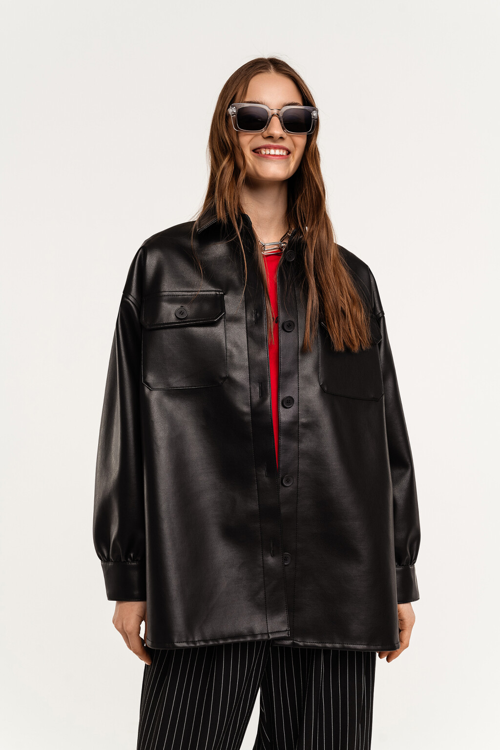 Куртка-рубашка из искусственной кожи - цвет черный - 2