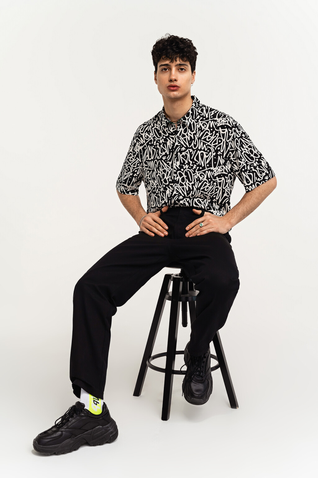 Брюки-чиносы широкие хлопковые - цвет черный - 1