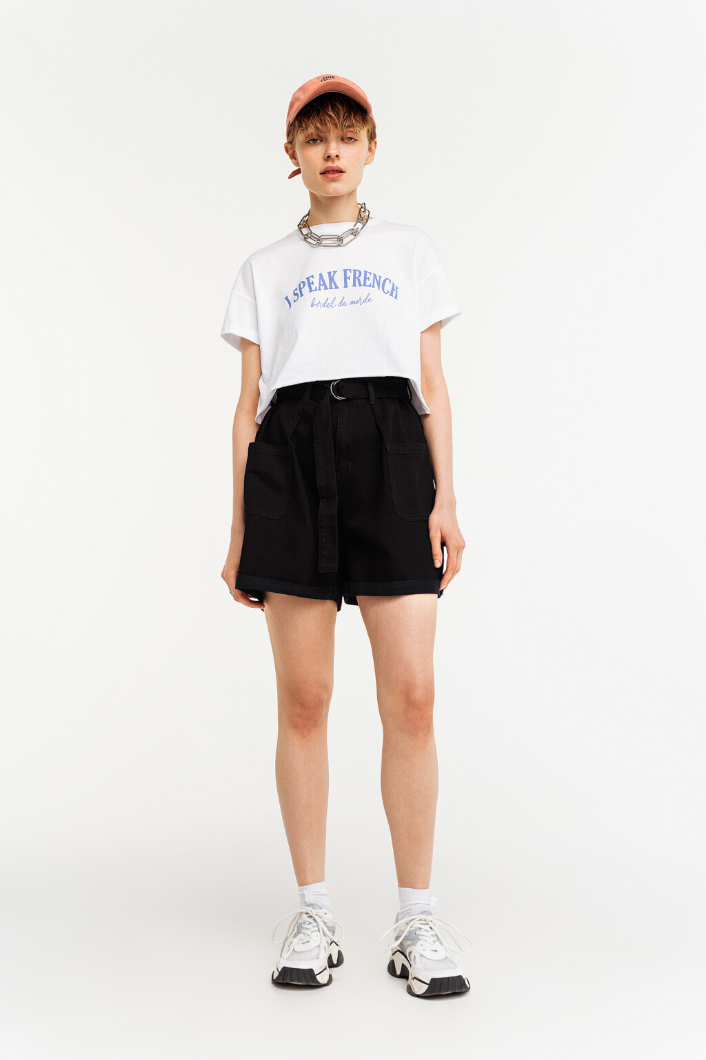 Шорты джинсовые paperbag с ремнем - цвет черный - 1