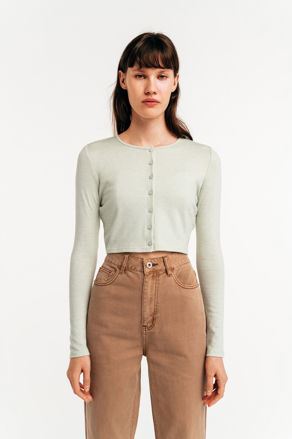 кардиган трикотажный укороченный на пуговицах - цвет зеленый - 2