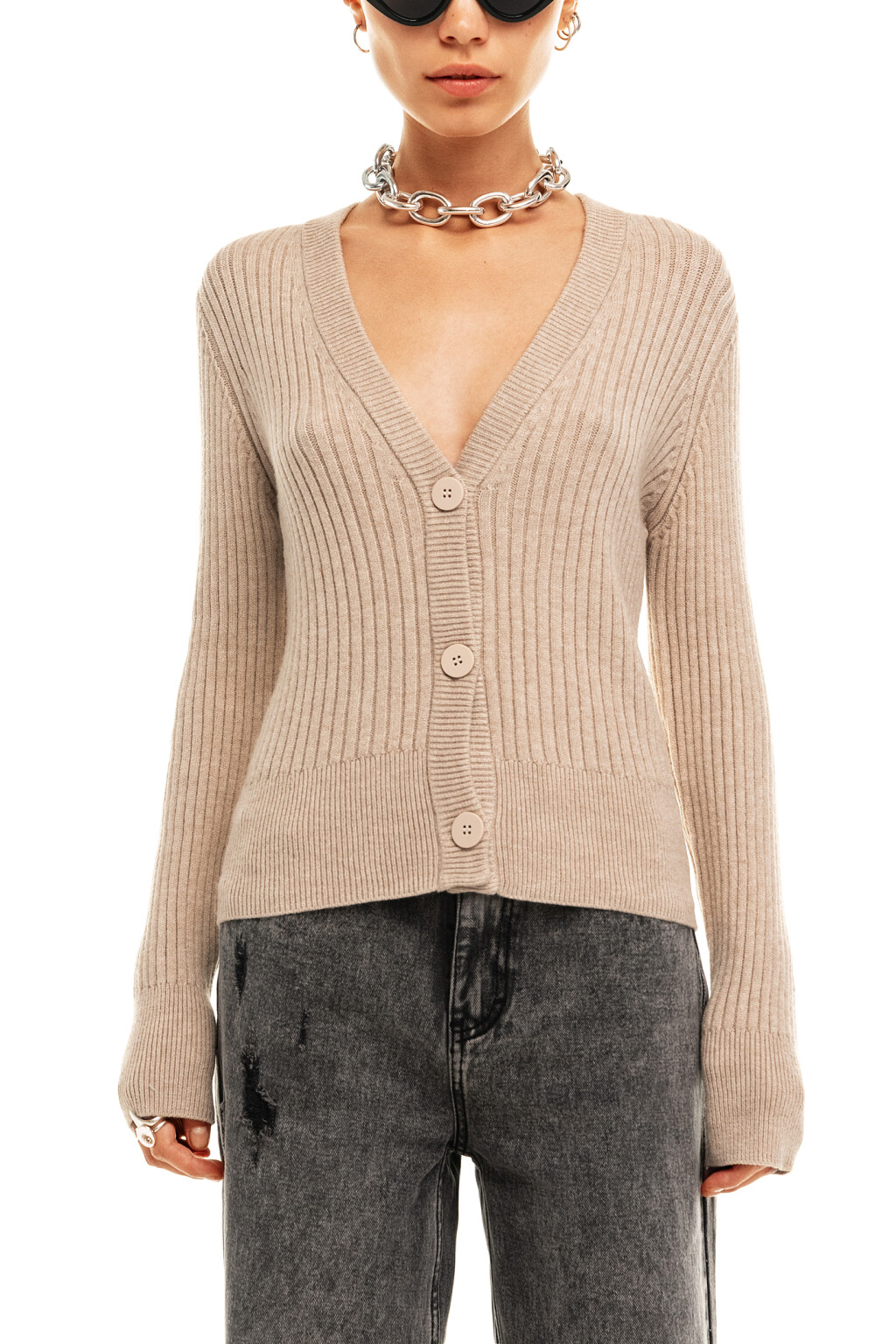 Кардиган вязаный в рубчик - цвет бежевый - 8