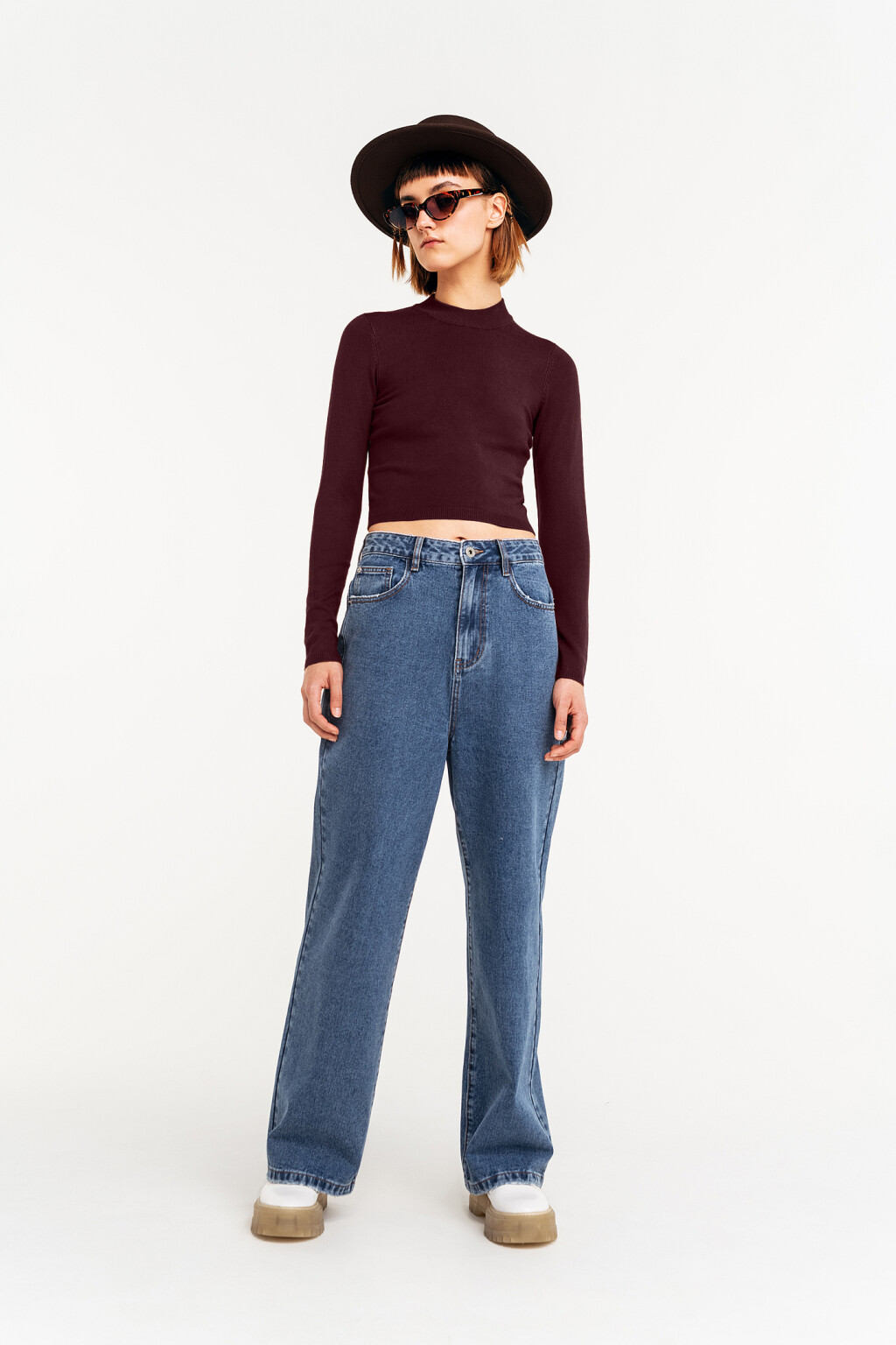 джемпер укороченный с воротником-стойкой - цвет бордовый - 1