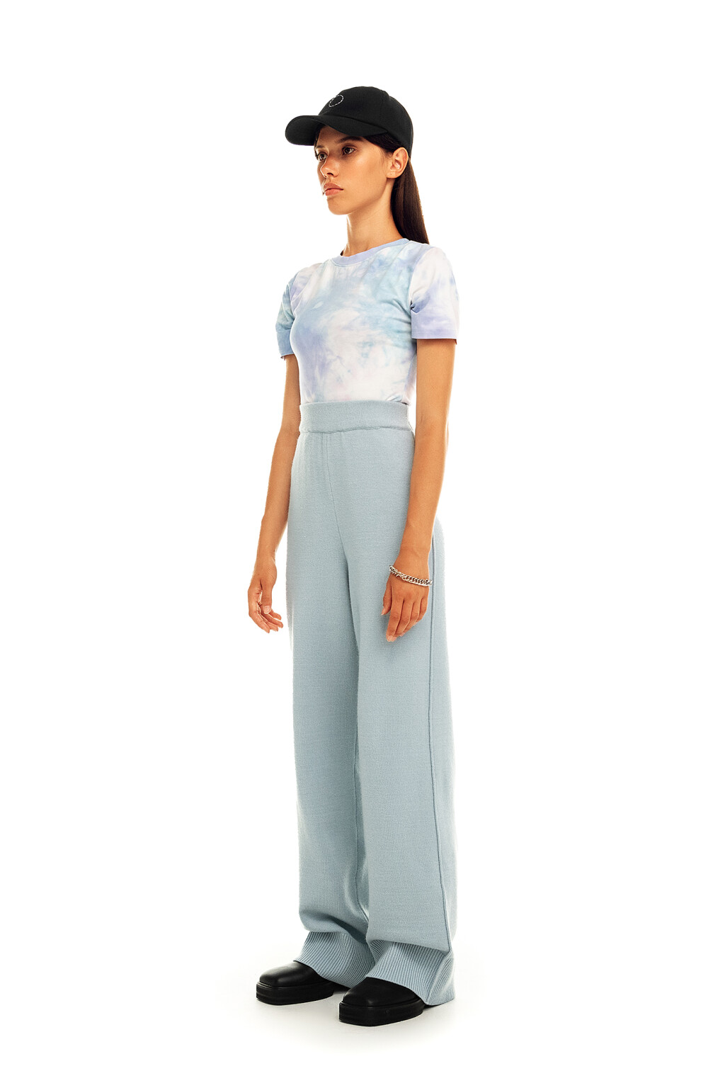 Брюки вязаные с поясом на резинке - цвет голубой - 3