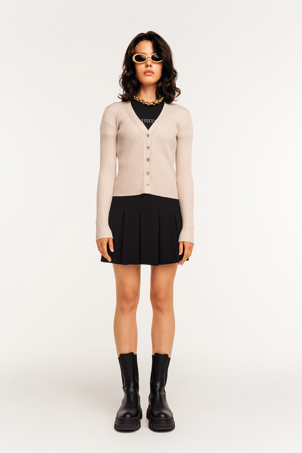 Кардиган в рубчик с треугольным вырезом - цвет бежевый - 1