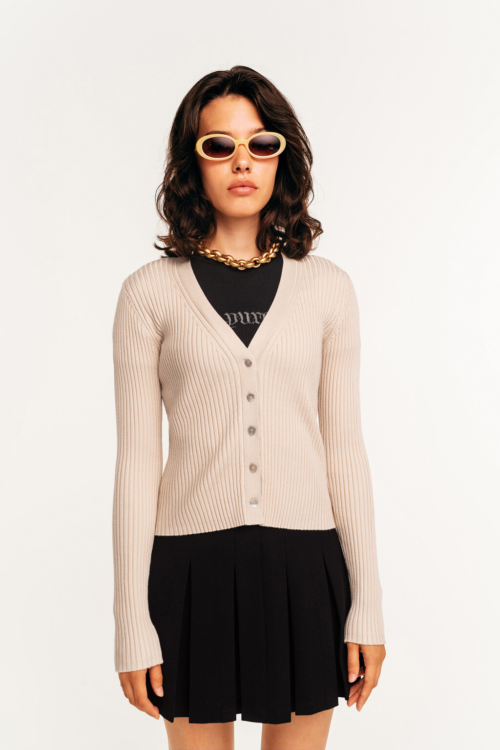 Кардиган в рубчик с треугольным вырезом - цвет бежевый - 2