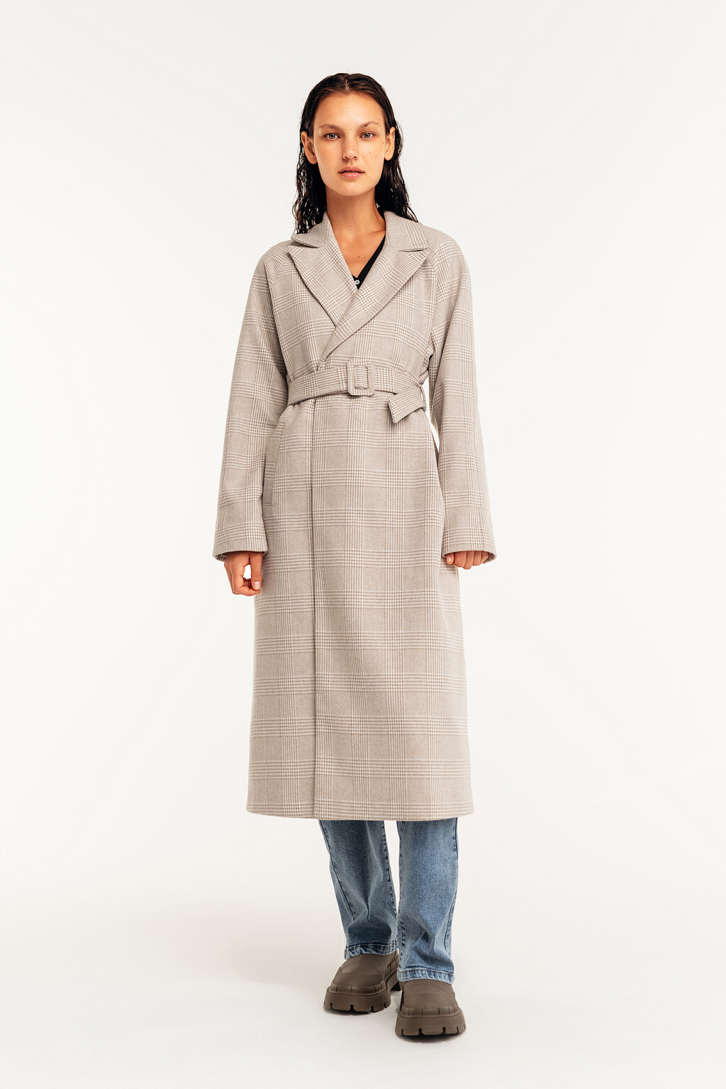 Пальто на запах в клетку с поясом - цвет бежевый - 1