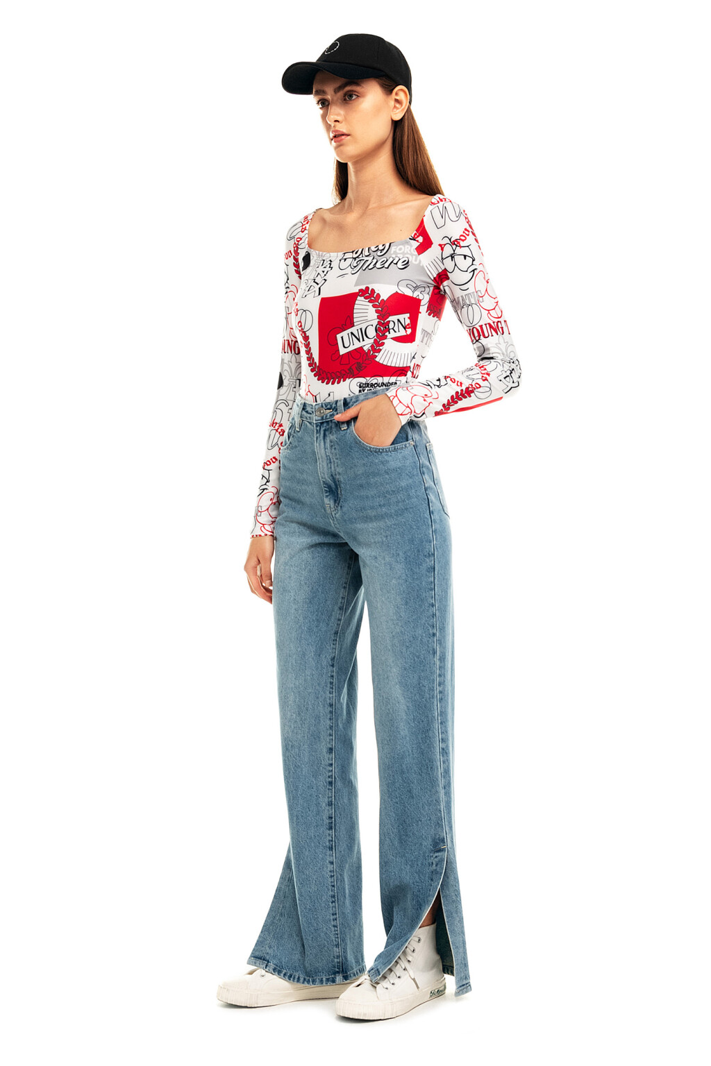 Джинсы клеш с разрезами внизу - цвет голубой - 4