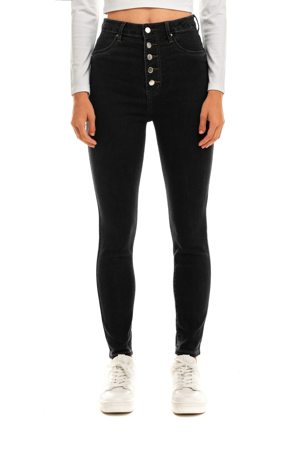 Джинсы skinny с застежкой на пуговицы - цвет черный - 1