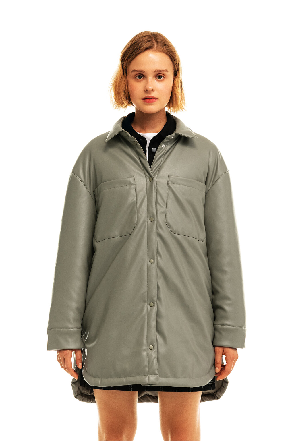 Куртка-рубашка утепленная из искусственной кожи  - цвет зеленый - 4