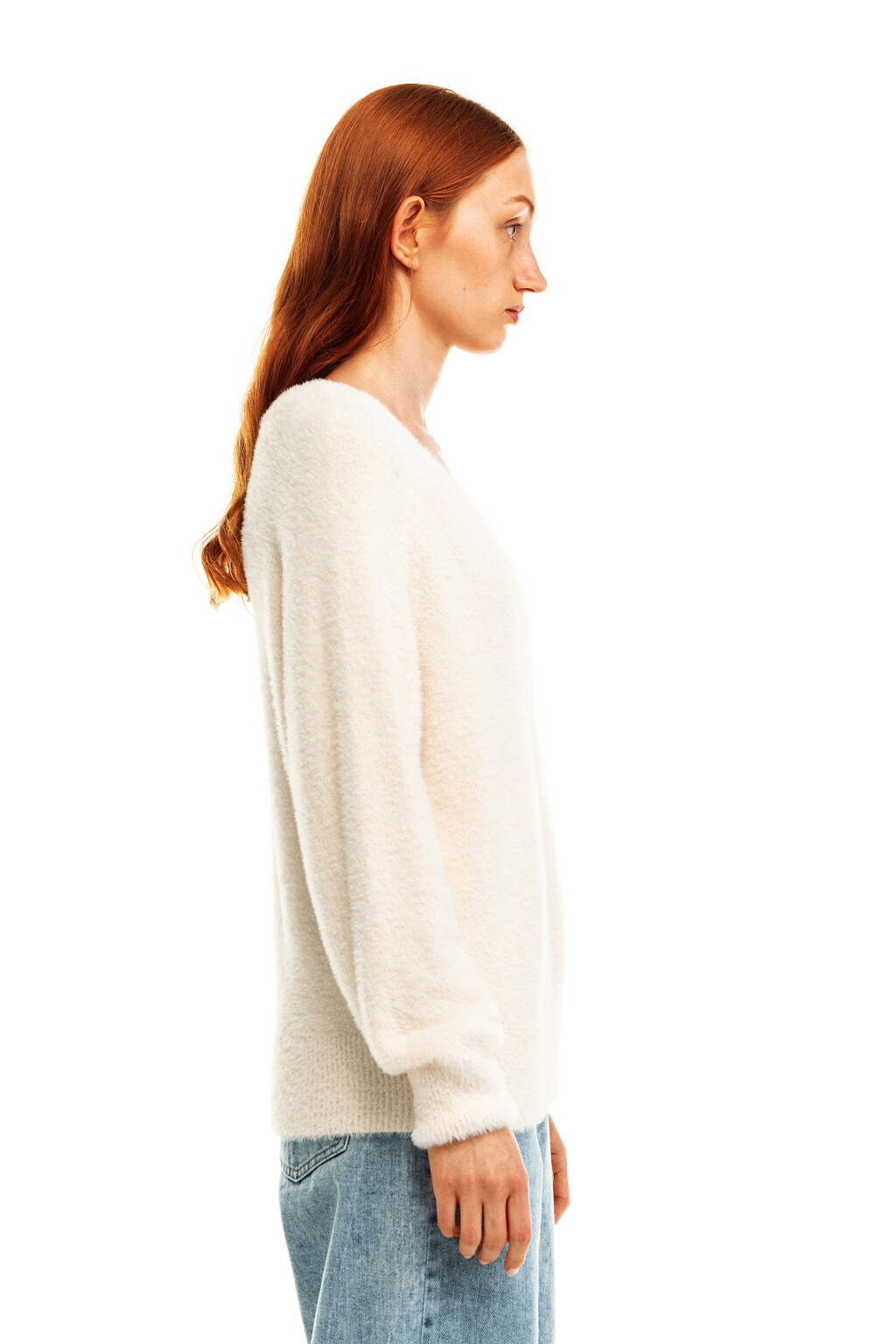 Свитер пушистый с v-образным вырезом - цвет бежевый - 3