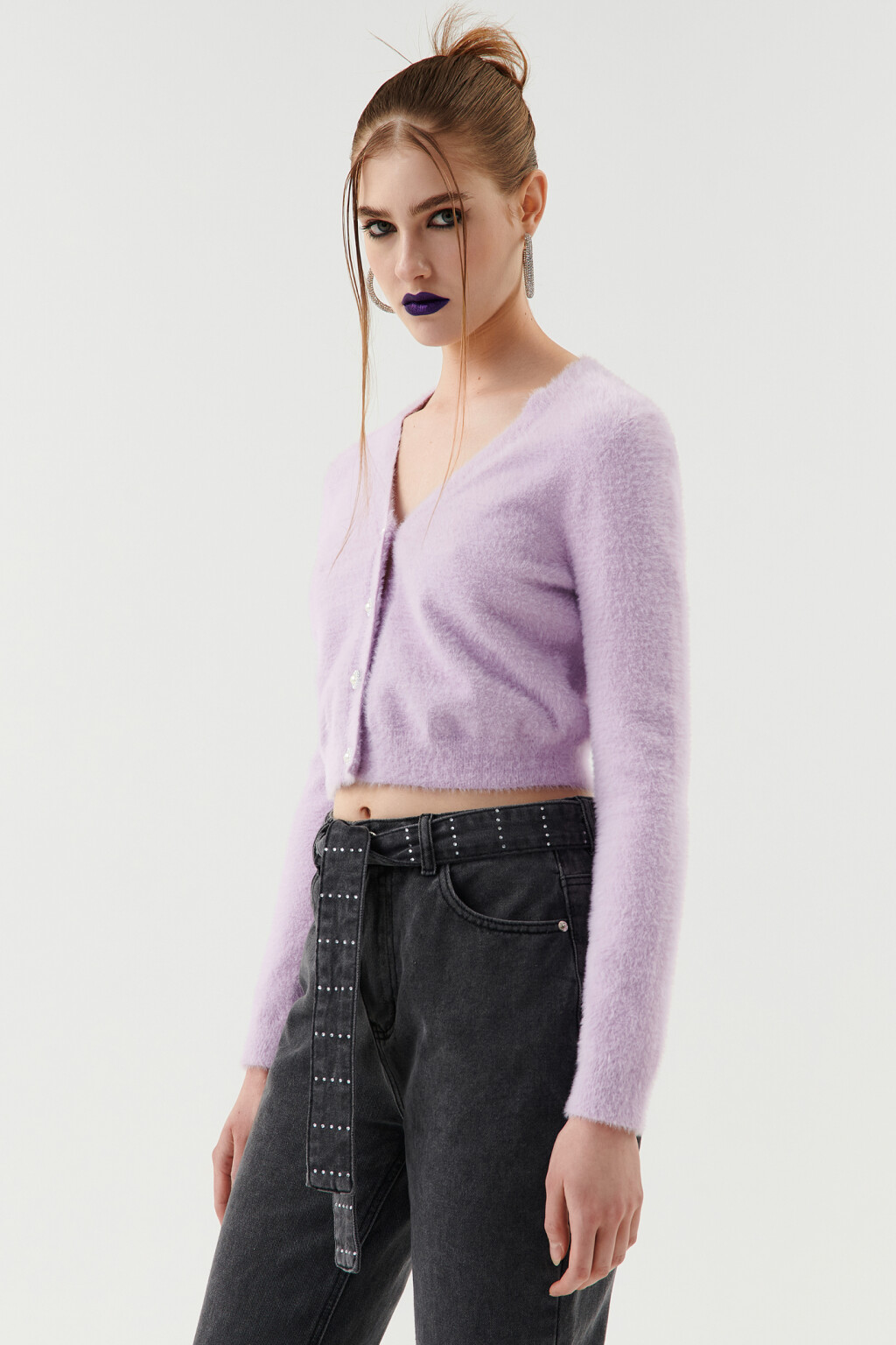 Кардиган пушистый укороченный - цвет сиреневый - 3