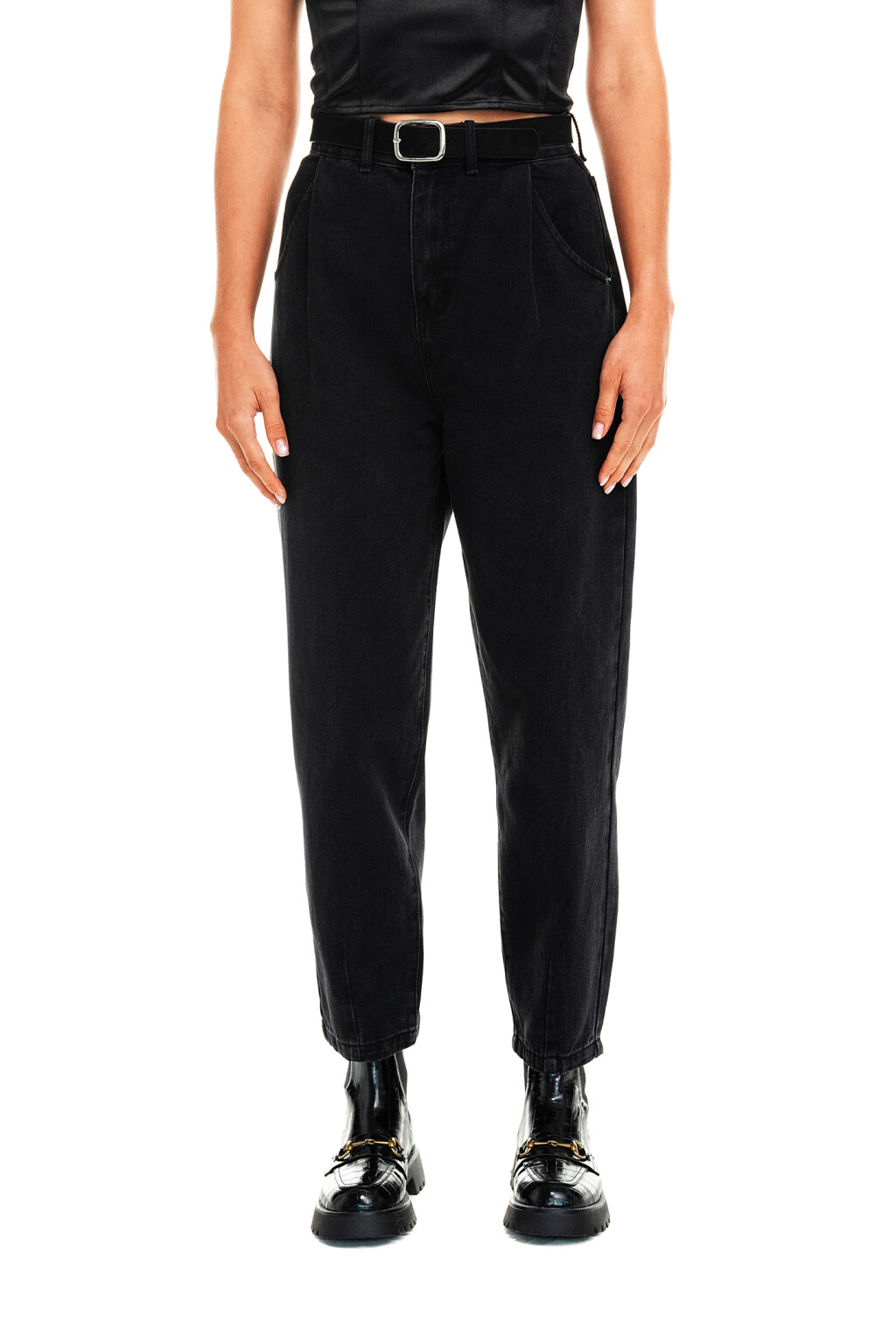 Джинсы-бананы с бархатным ремнем - цвет черный - 7