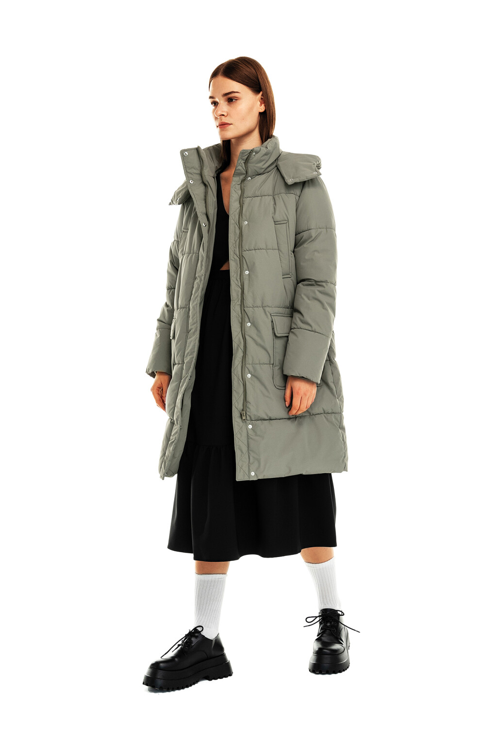 Пальто стеганое с капюшоном - цвет зеленый - 4