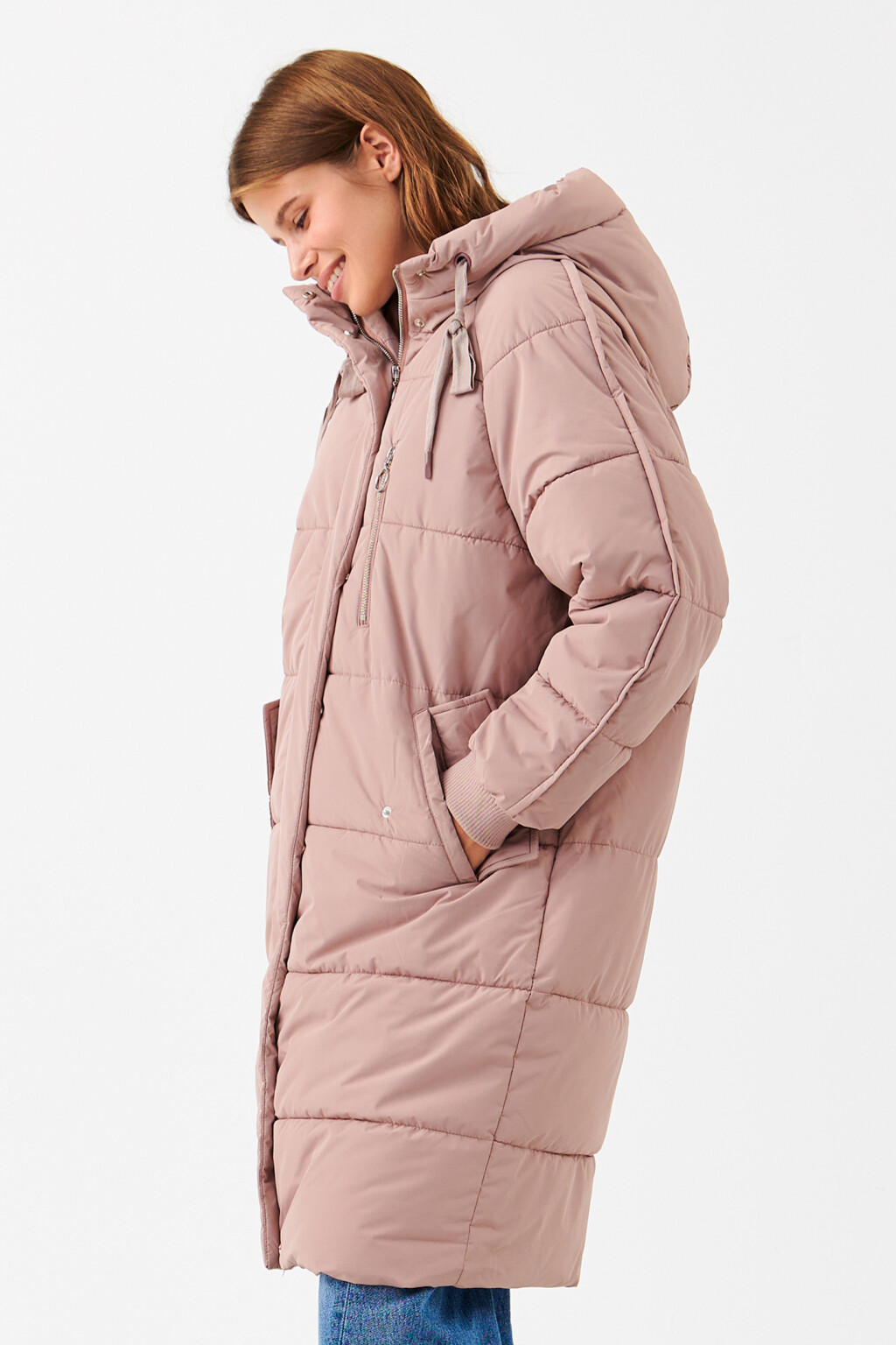 Пуховик удлиненный стеганый с капюшоном - цвет розовый - 2