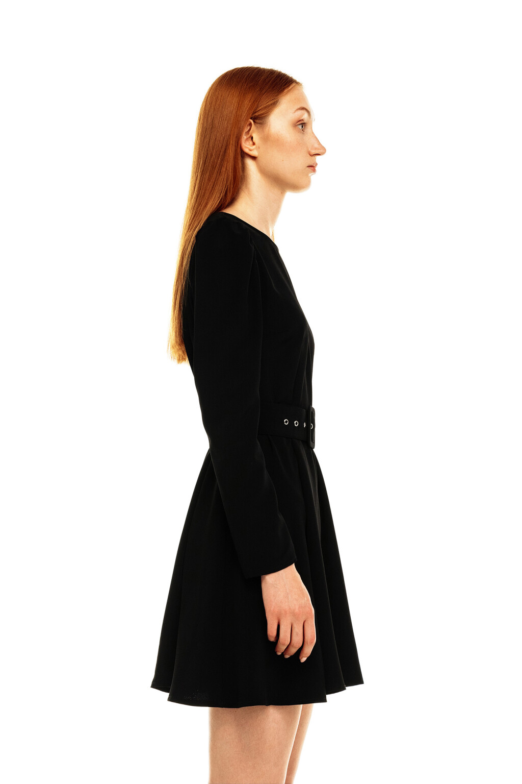 Платье приталенное мини с ремнем - цвет черный - 3