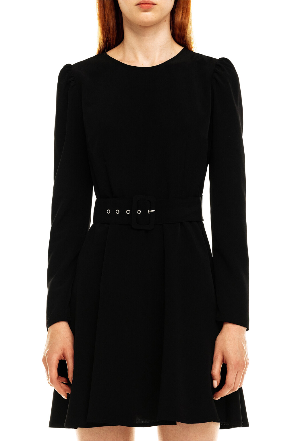 Платье приталенное мини с ремнем - цвет черный - 5