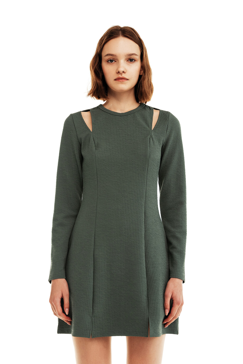 Платье трикотажное с вырезами на плечах - цвет зеленый - 1