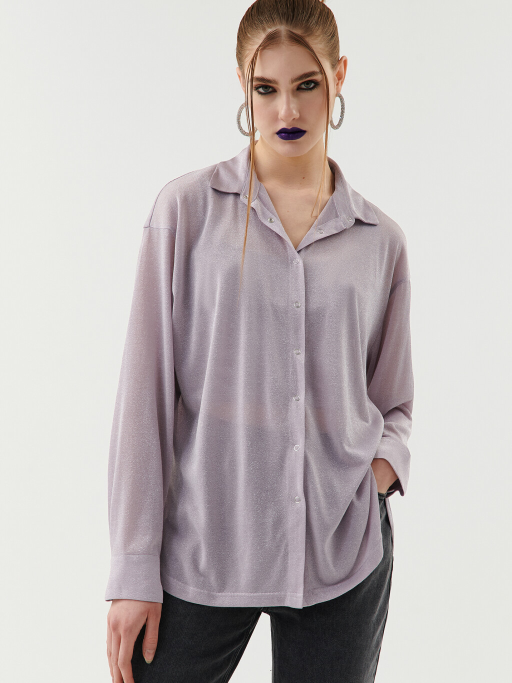 Рубашка oversize с люрексом - цвет сиреневый - 1