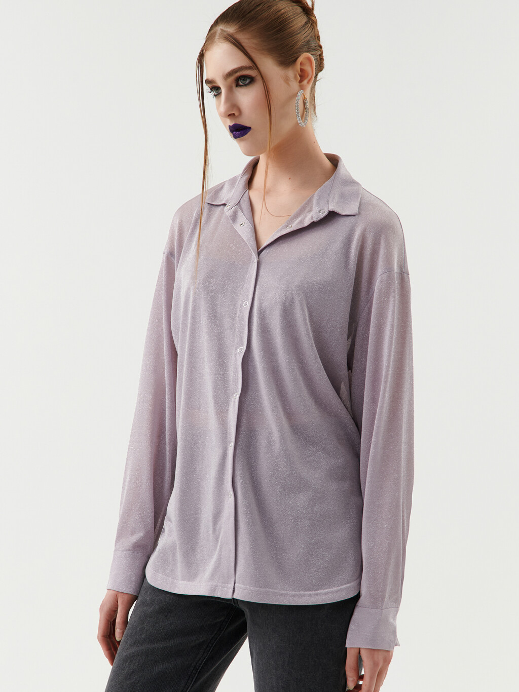 Рубашка oversize с люрексом - цвет сиреневый - 5