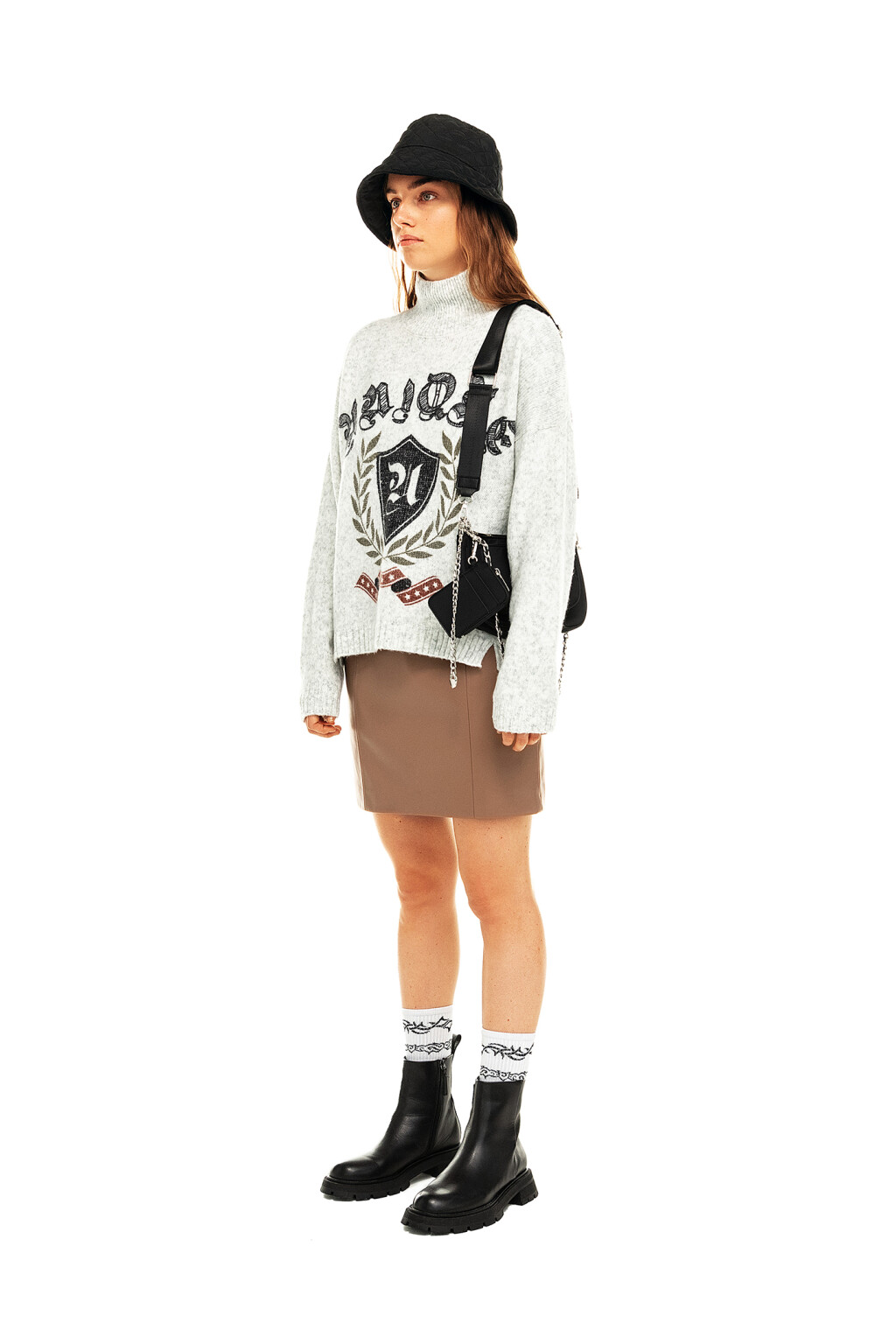 Свитер вязаный с принтом - цвет серый - 4