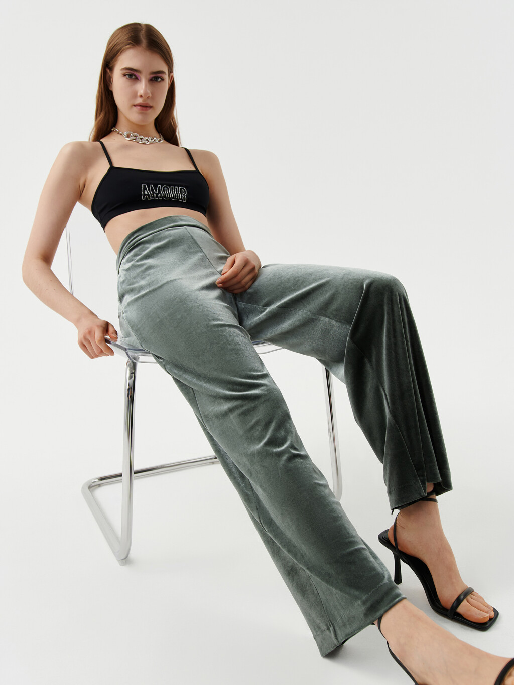 Брюки бархатные на эластичном поясе - цвет зеленый - 8