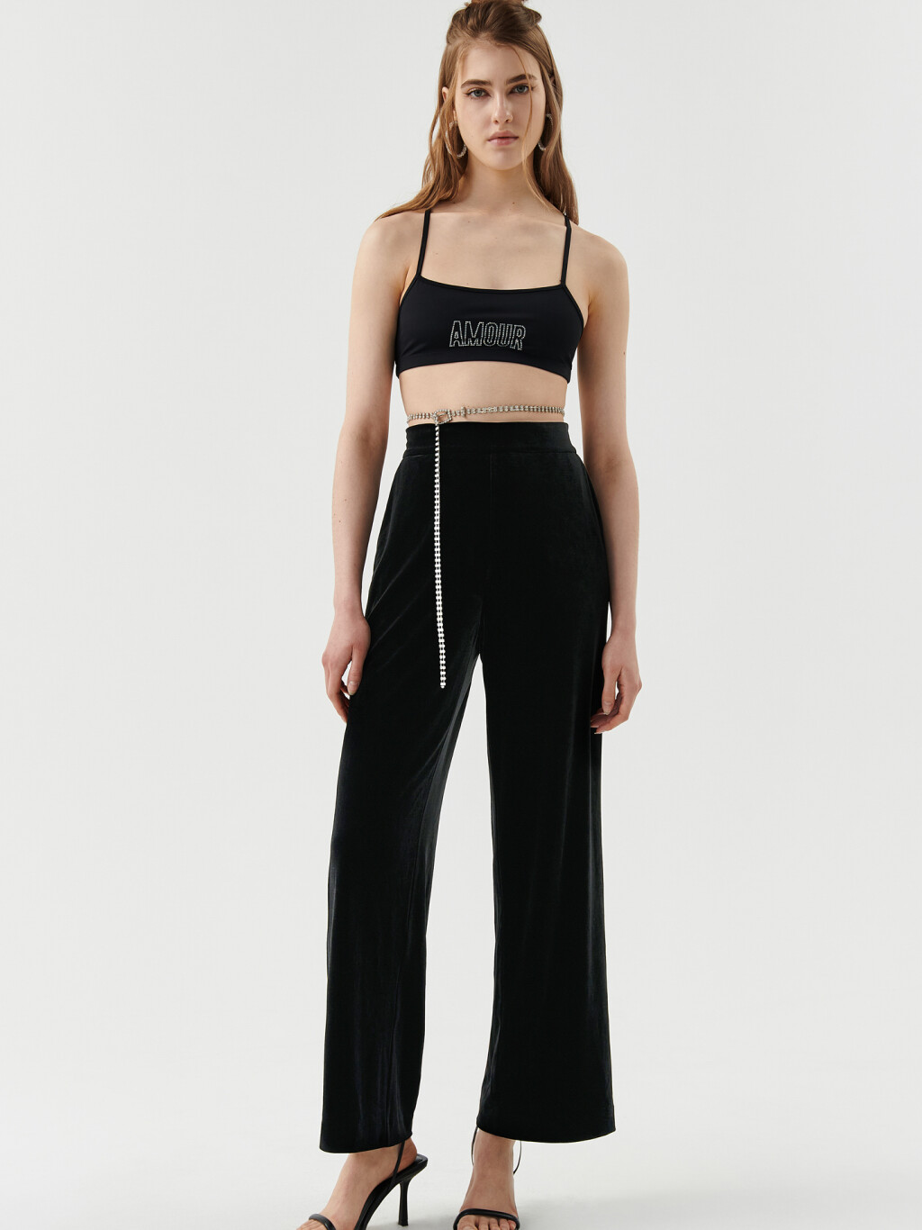 Брюки бархатные на эластичном поясе - цвет черный - 3