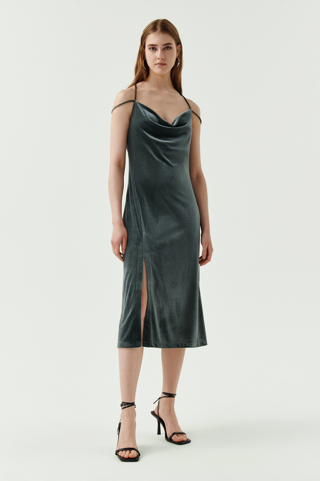 Платье бархатное с перекрестными бретелями на спине - цвет зеленый - 3