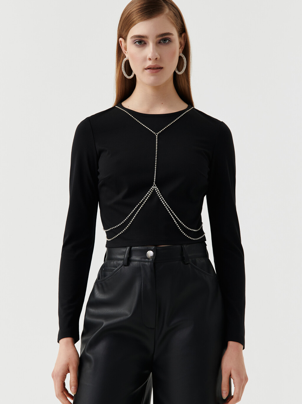 Лонгслив облегающий с портупеей из страз - цвет черный - 3