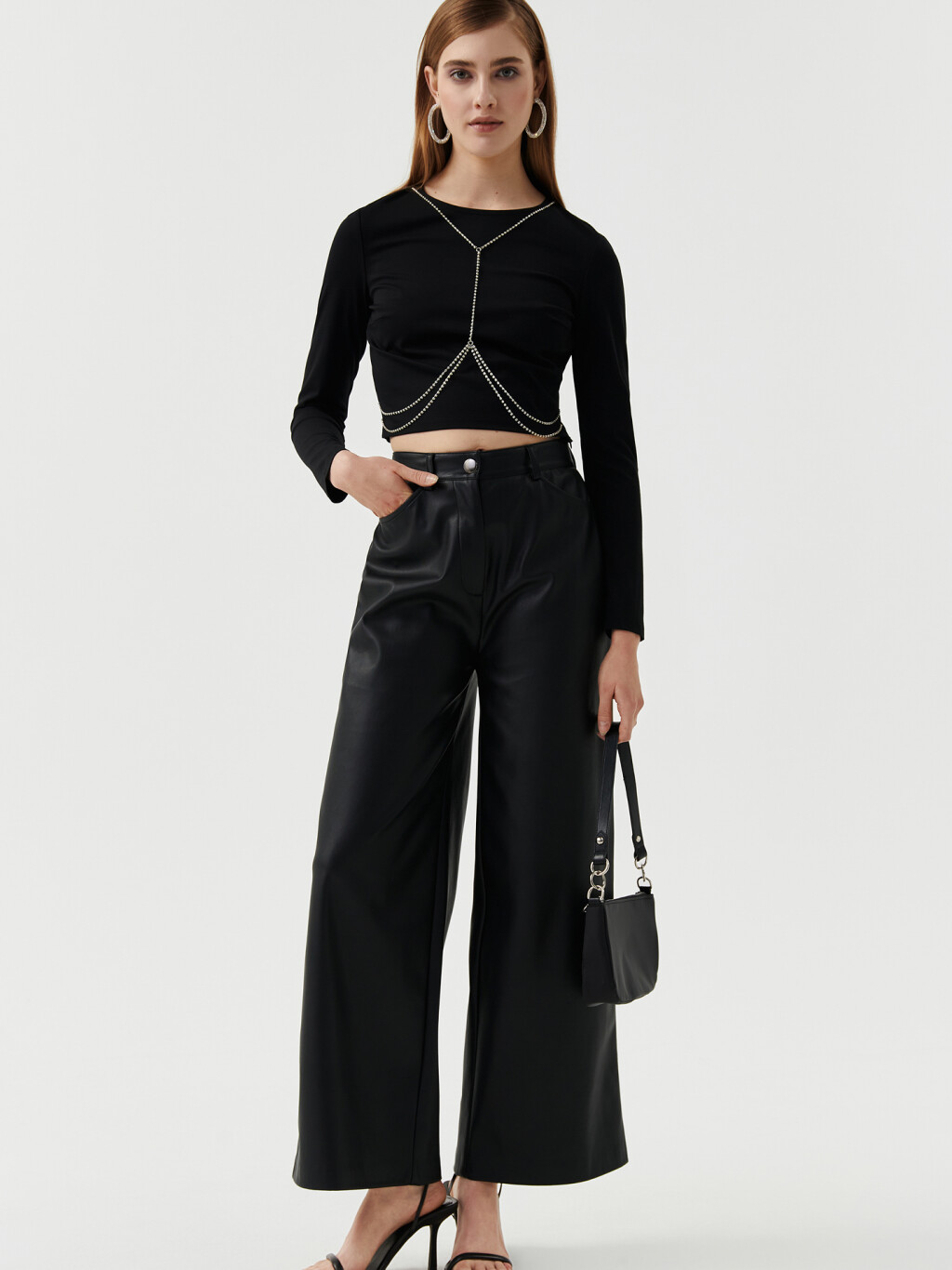 Лонгслив облегающий с портупеей из страз - цвет черный - 2