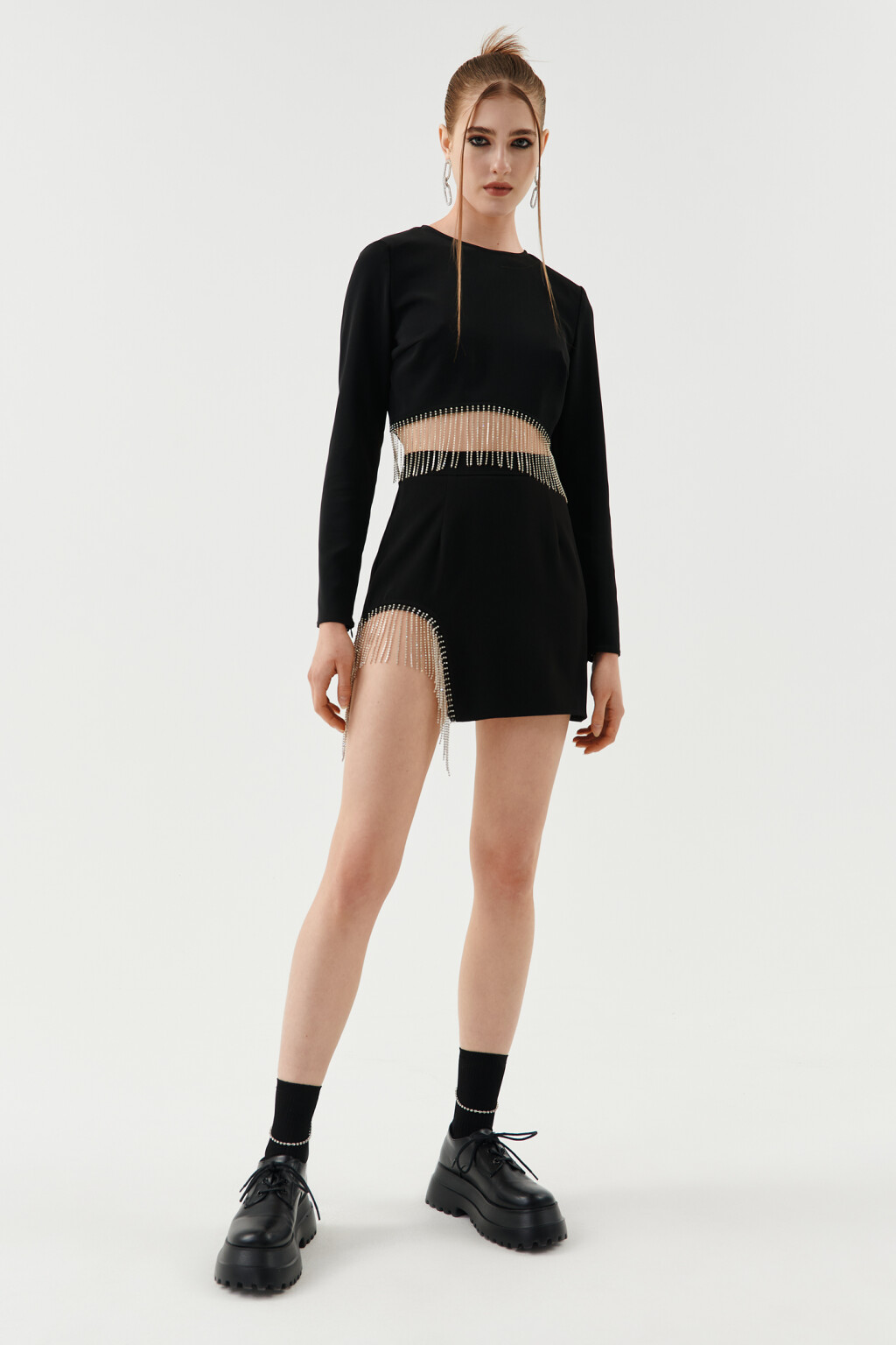 Лонгслив укороченный с бахромой из страз - цвет черный - 2